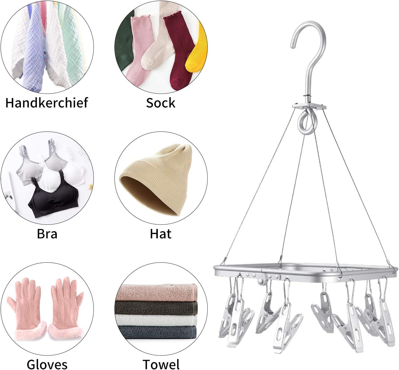 Senbowe Foldable Clip and Drip Hanger, Drying Hanger, Clothes Drying Rack Sock Hanger Underwear Hanger with 8 Clips for Towels, Bras, Baby Clothes, Gloves, Aluminium Alloy Laundry Hanging Air Dryer