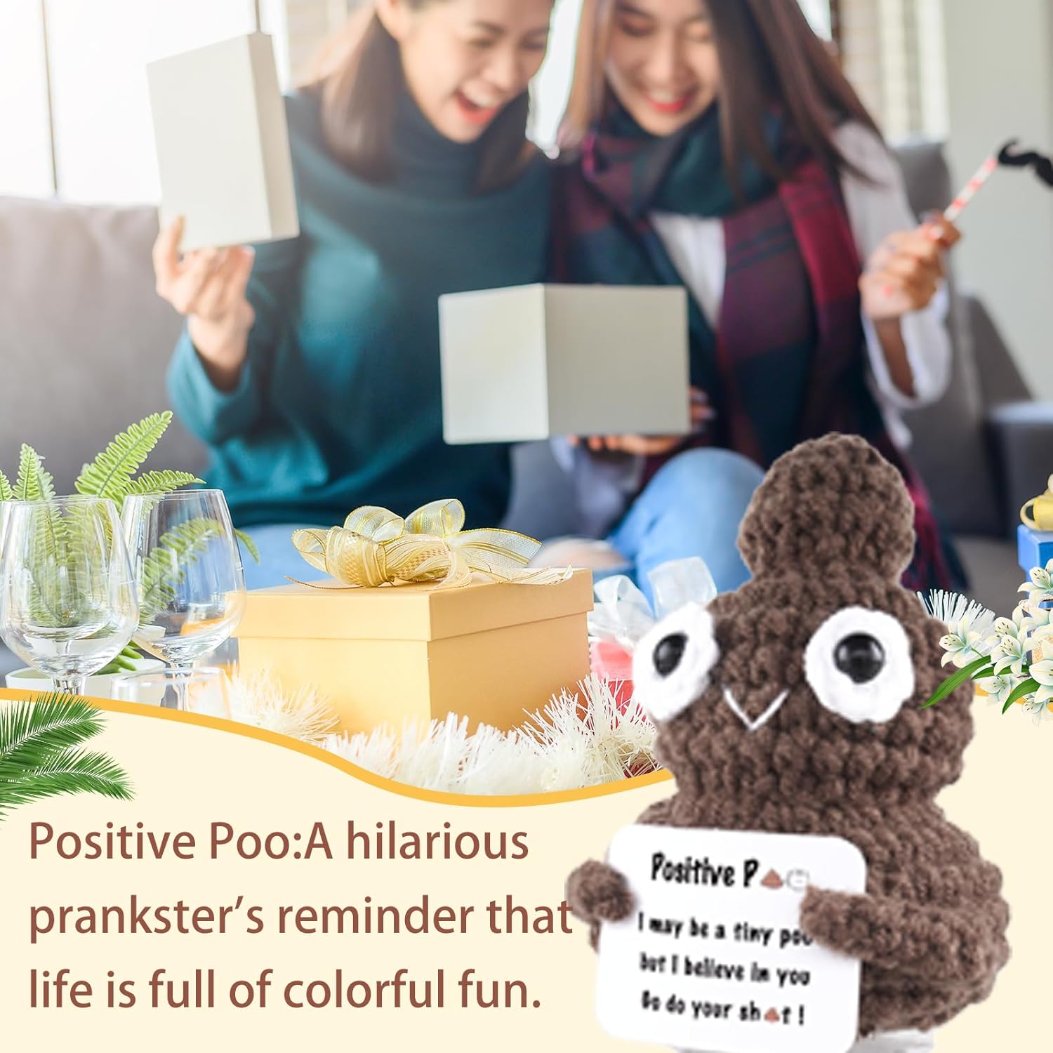 Emotional Support Crochet Positive Plush Funny Gag Poop Gifts for Adult Men Women Friends,Coworkers,Weird Things Stuff Office Decor （Positive Poo）