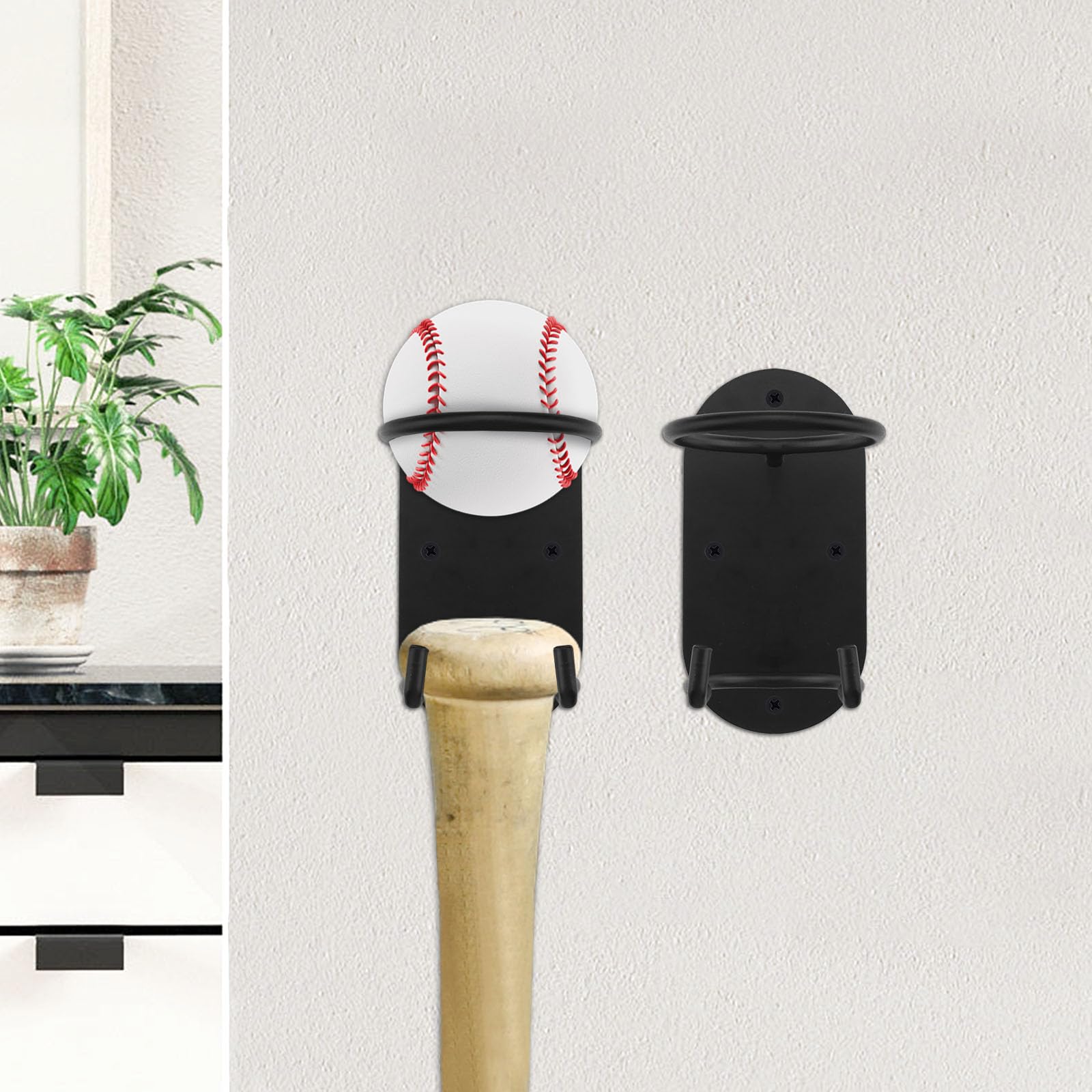 Lot de 2 étagères de rangement murales pour batte de baseball - En métal - Noir