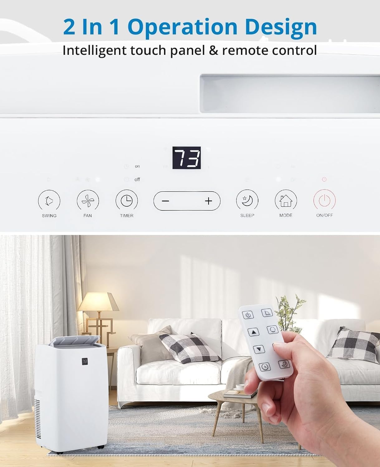 Acekool taşınabilir klima cihazının kontrol paneli ve uzaktan kumandasının yakın çekim görüntüsü.