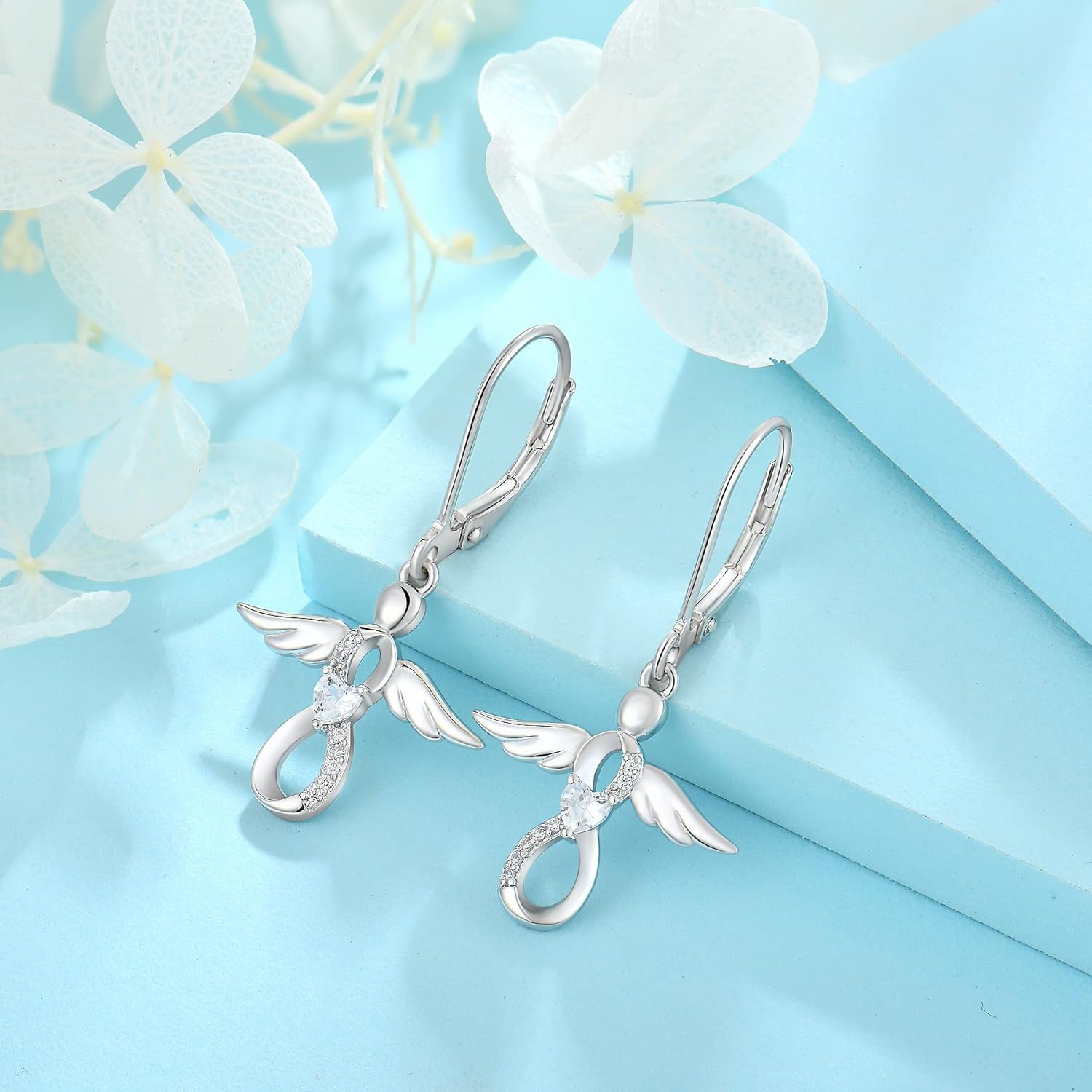 FJ Guardian Angel Dangle Drop Earrings 925 Sterling Silver Infinity Leverback Birthstone Earrings Jewelry for Women - Image 5