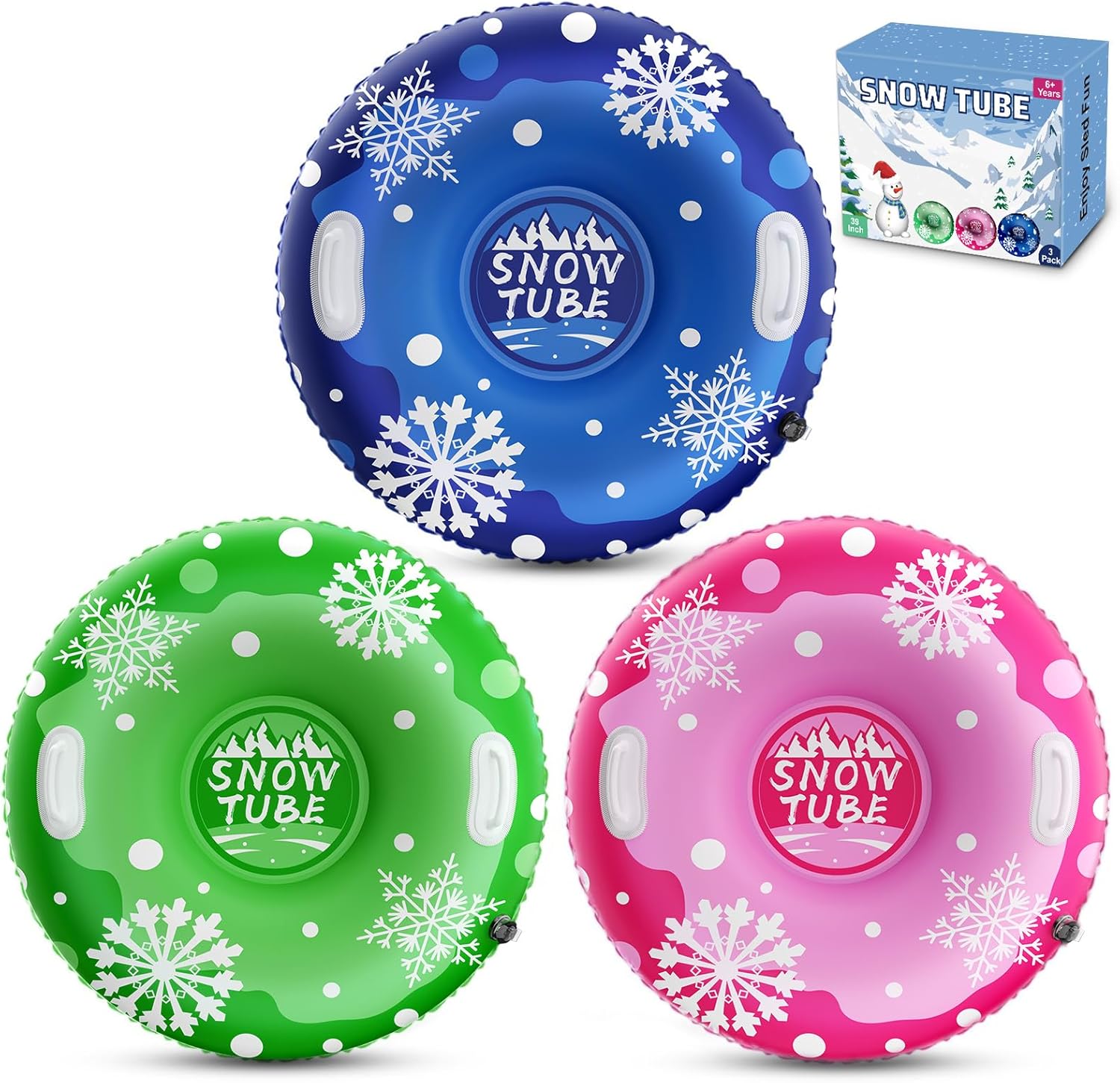 39'' Snow Tube Sled, 3Pack for The Whole Family Inflatable Snow Sled for Kids and Adult, Thickened Heavy Duty Sleds for Snow with Handles, Outdoor Winter Snow Toys for Boys Girls Tubing Sled Gift Set