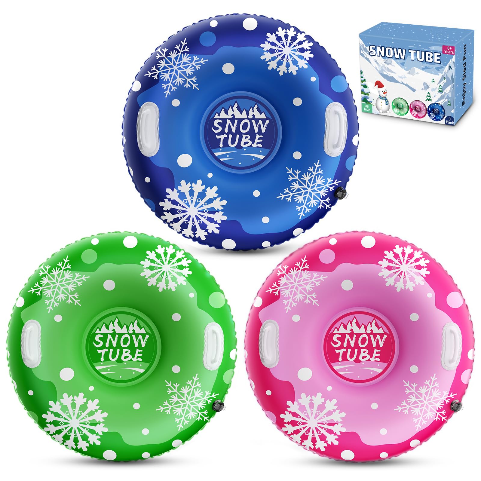 39'' Snow Tube Sled, 3Pack for The Whole Family Inflatable Snow Sled for Kids and Adult, Thickened Heavy Duty Sleds for Snow with Handles, Outdoor Winter Snow Toys for Boys Girls Tubing Sled Gift Set