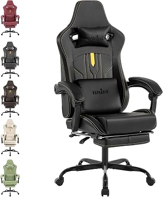 SUKIDA Gaming Stuhl Computerstuhl Ergonomischer Gaming Chair mit Fußstütze Bürostuhl Ergonomischer Computerstuhl mit Lendenwirbelstütze Schwarz