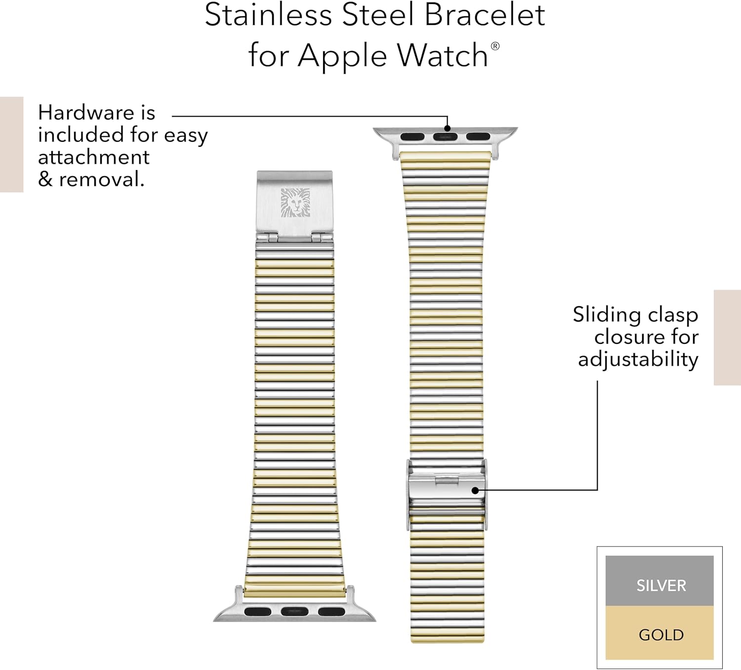 Anne Klein Stainless Steel Fashion Band for Apple Watch, Secure, Adjustable, Apple Watch Replacement Band, Fits Most Wrists