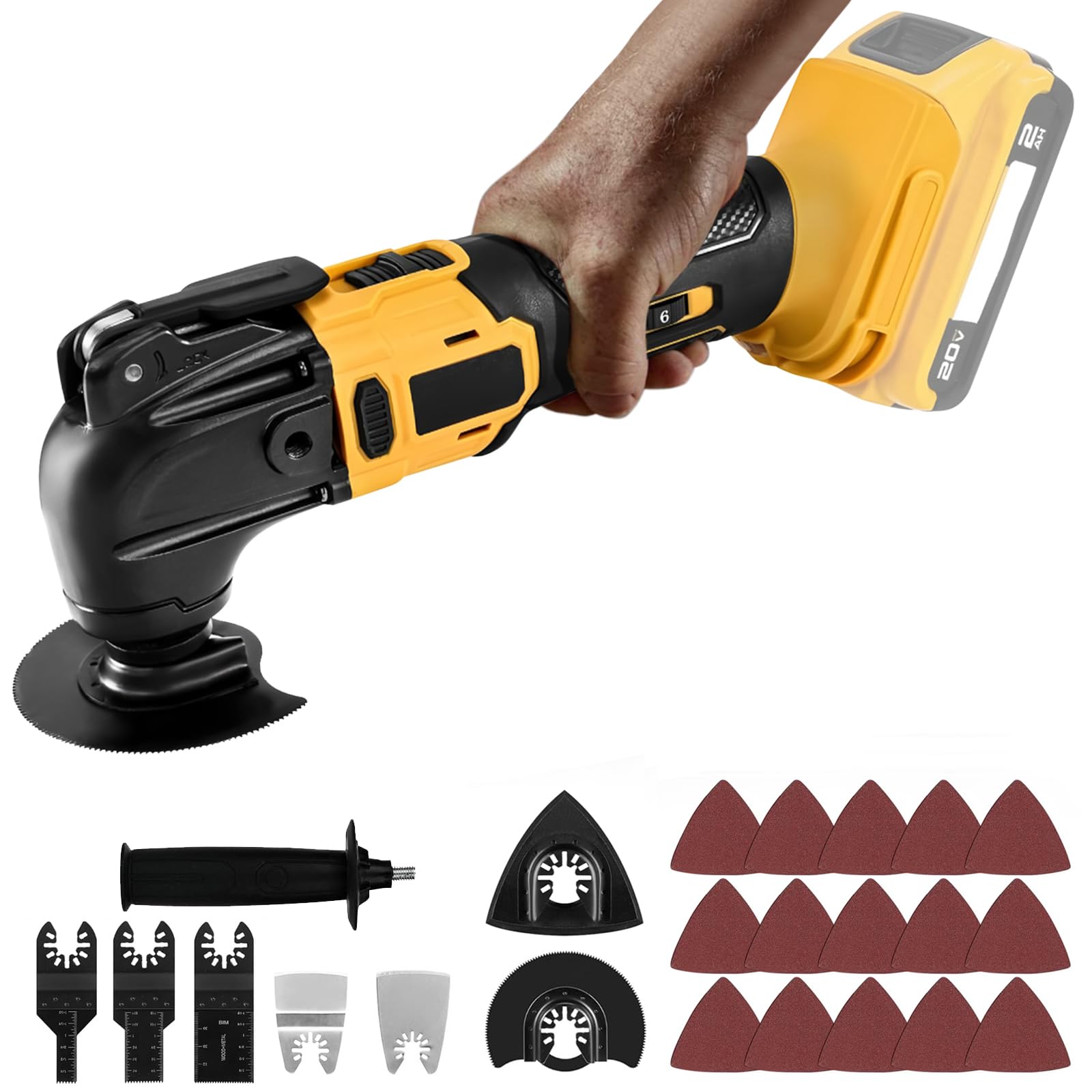 Herramienta Oscilante para Dewalt batería 20 V, herramienta oscilante multifuncional sin escobillas con 6 velocidades con 23 accesorios para cortar, tallar, lijar y taladrar, sin batería