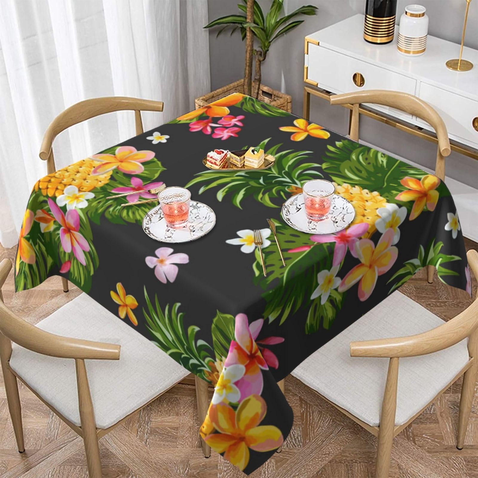 DCEHGEW Tropical Pineapple Hawaiian Prints Square Tablecloth 152x152 CM, Waterproof Fabric Table Cloth for Dining Table, Farmhouse Table Cover for Kitchen Dining Tabletop Decoration