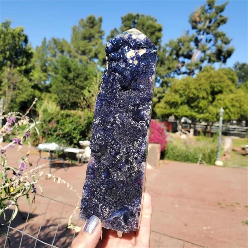 1 Stück 100–200 g, extrem seltener Blaubeer-Fluorit-Kristall-Cluster-Turm – groß mit weißem Quarzturm, tiefblau-violette Farbe Gemstone Stone