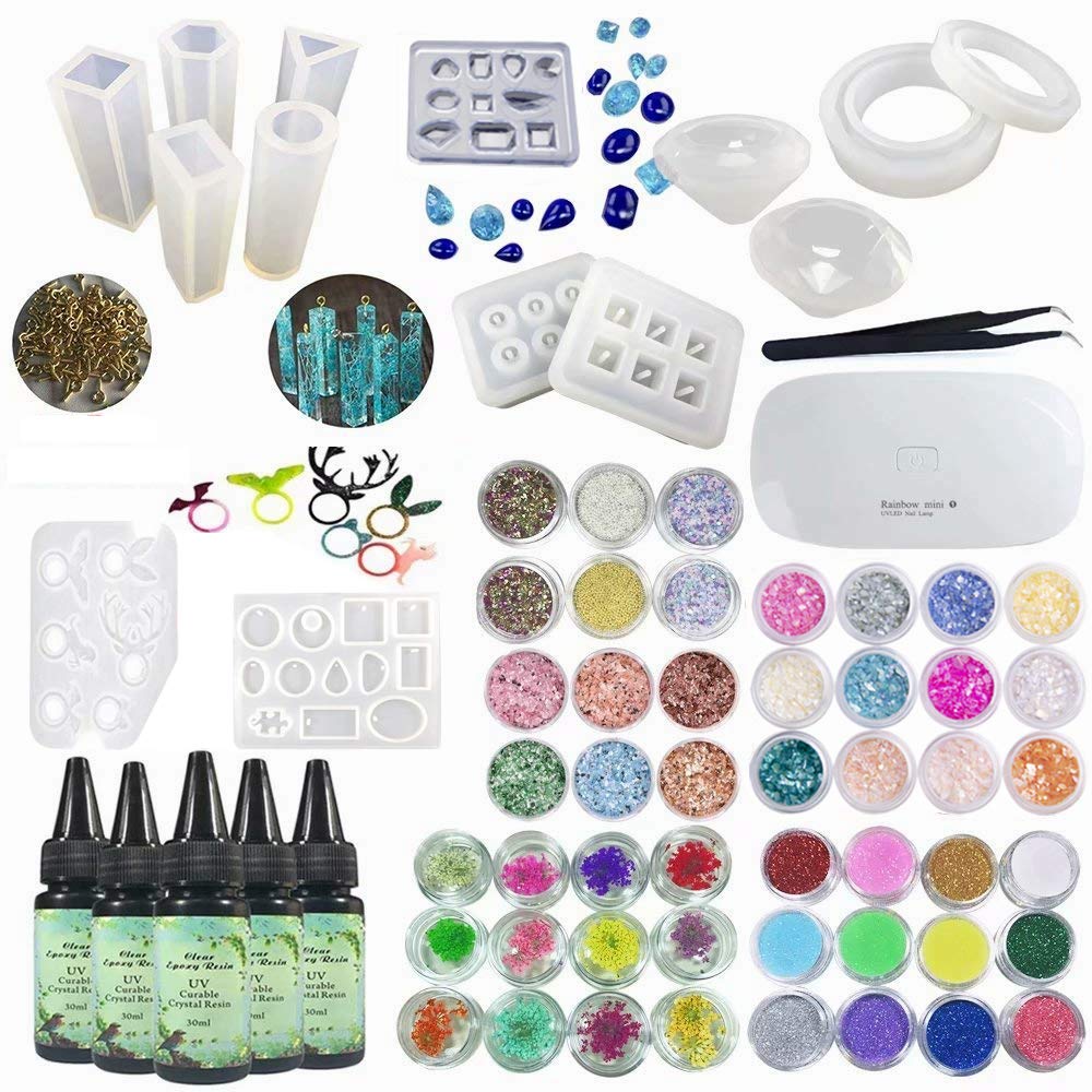 Resina UV Trasparente Kit 14 stampi per Pendenti Orecchini collane bracciali Anelli + pinzette Lampada + 48 Decorazioni Brillanti Conchiglie Glitter Fiori per creazione Gioielli Artigianali