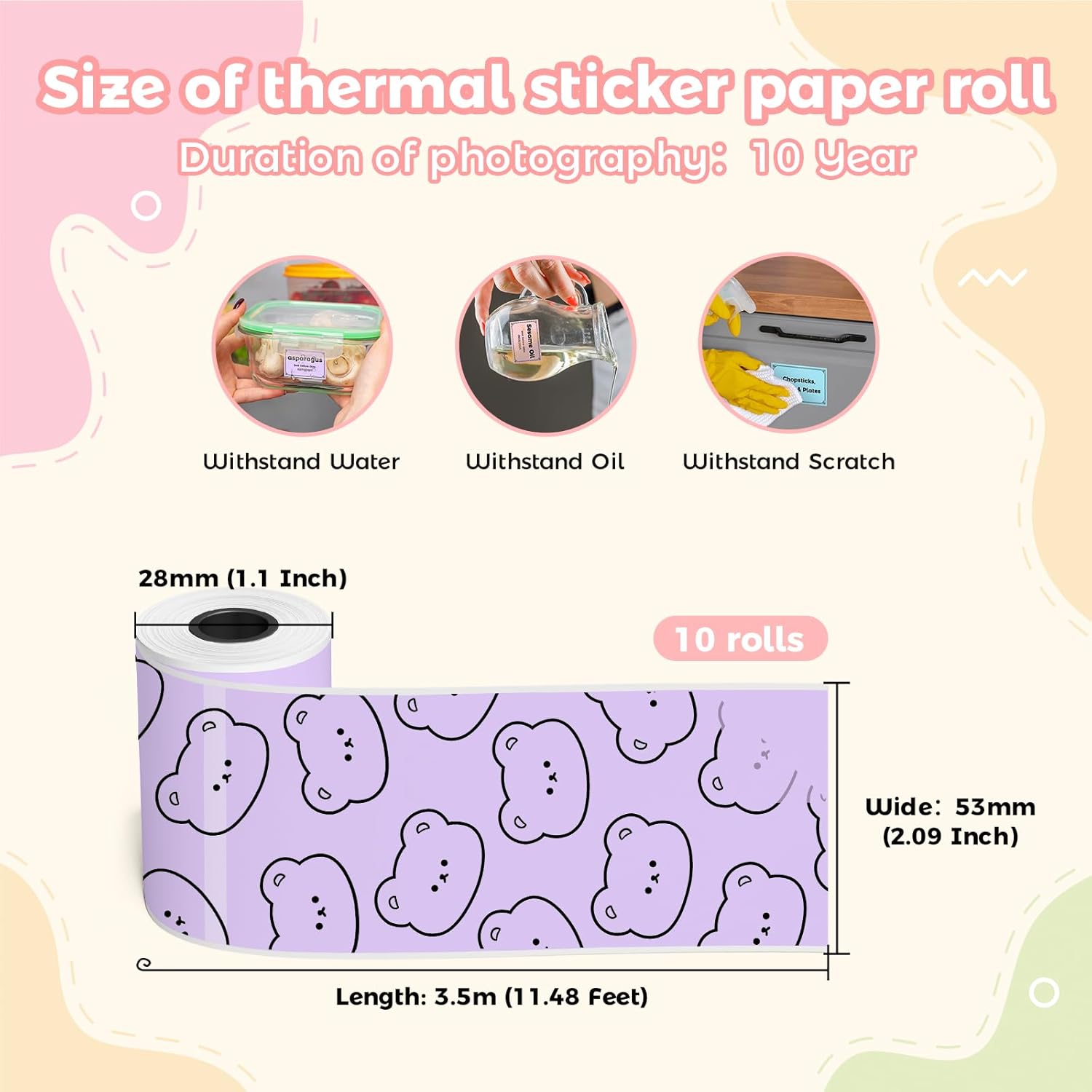 10 Rolls Self-Adhesive Multicolor Mini Printer Thermal Sticker Paper 53 x 28mm, 3 Rolls White and 7 Rolls color Printer Paper Compatible With Mini Thermal Printer Study Notes Journal Photos - Image 3