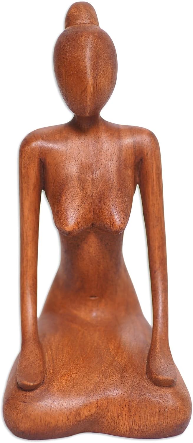 NOVICA Artisan Handmade Wood Statuette Suar with Meditation Motif Brown Indonesia Sculpture Thought [7.75in H x 3.9in W x 3.5in D] ' Calm Down'