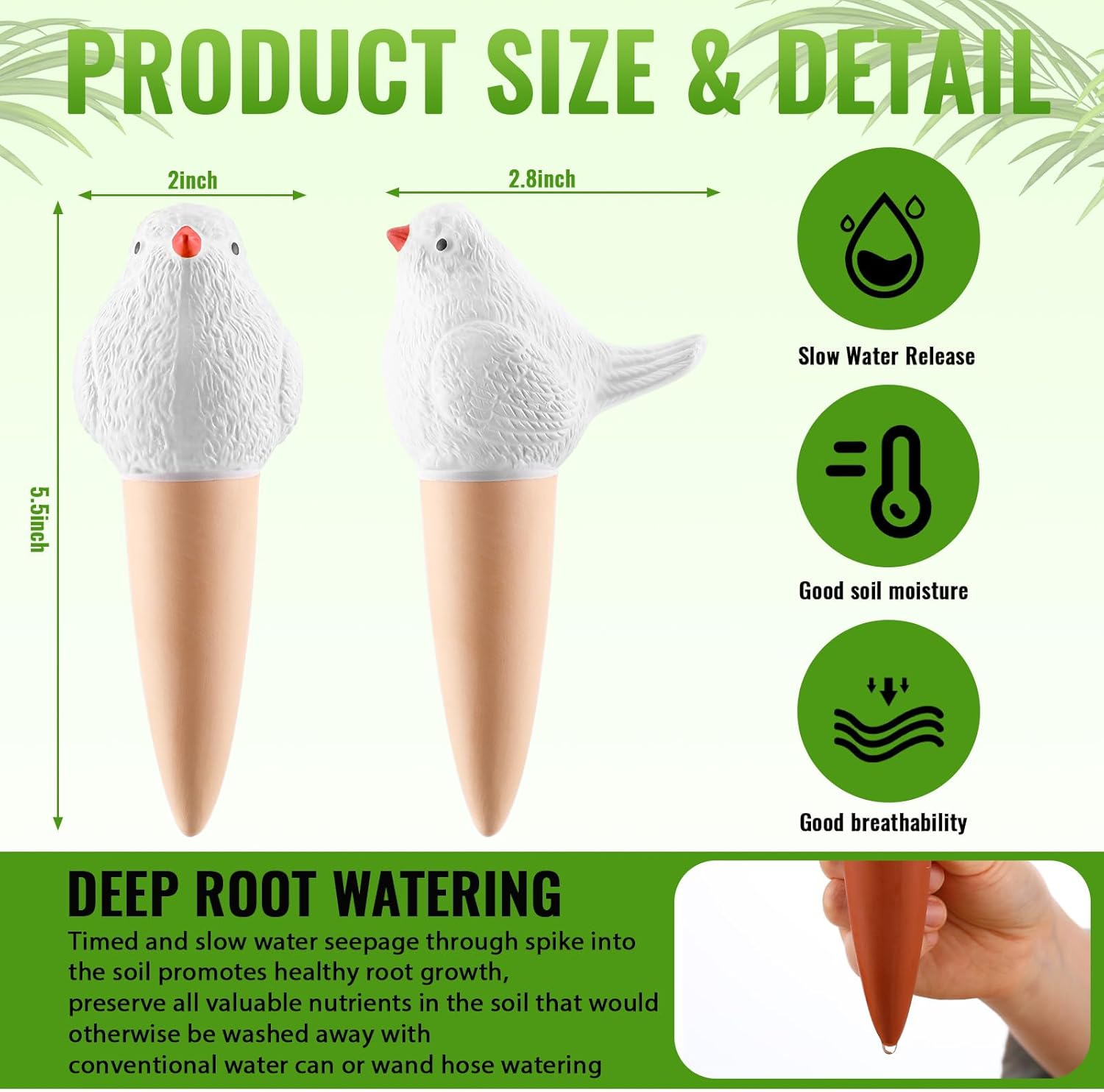 Sliner 8 Pack Bird Shaped Plant Watering Globes Self Watering Planter Insert Terracotta Irrigation Globe Devices with Slow Release Automatic Water Spike for Indoor Outdoor Potted Plant(White)