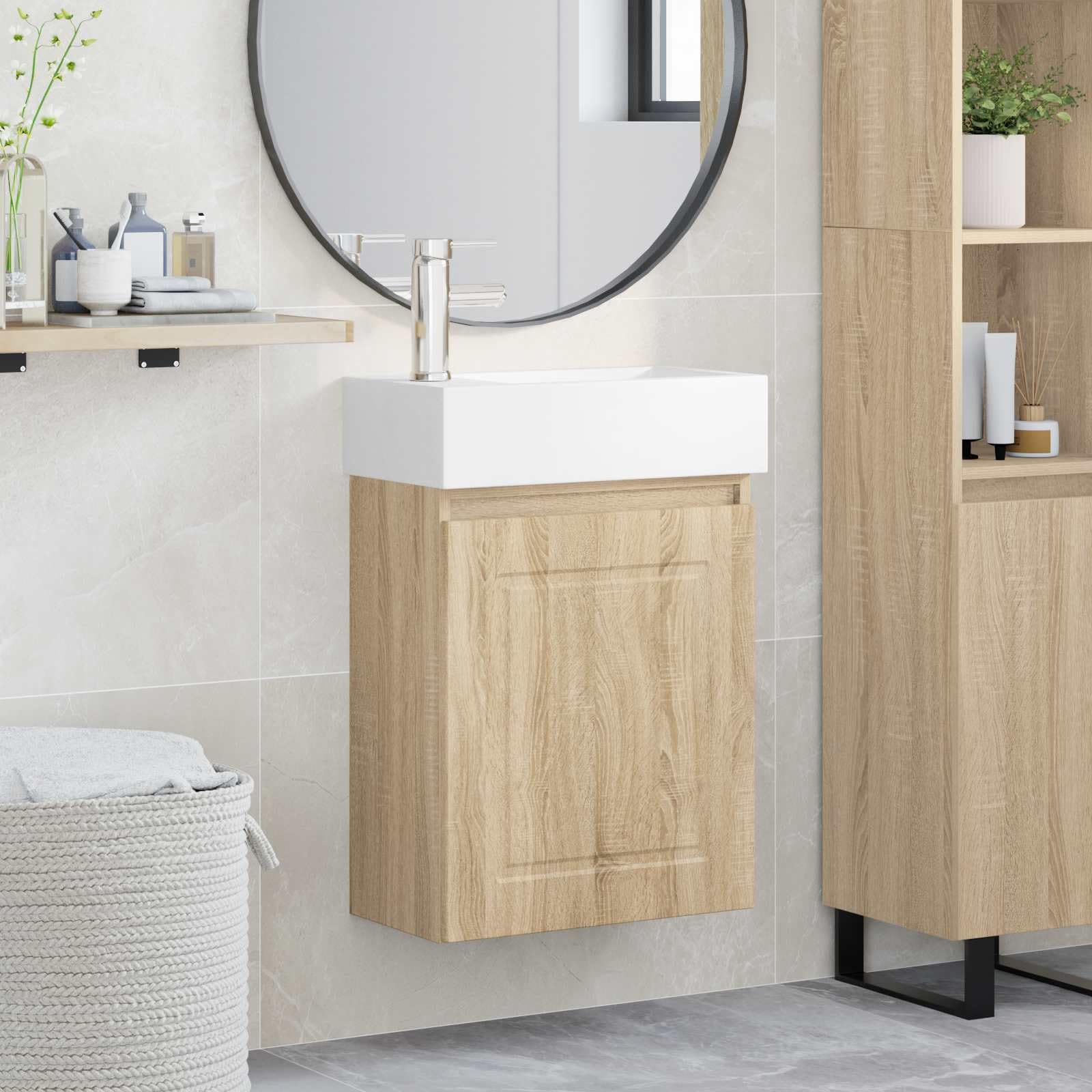 Mobile sottolavabo da bagno in rovere Sonoma con lavabo in ceramica e rubinetto miscelatore, montaggio a parete, porta reversibile, mobile da bagno moderno, mensola, lavandino