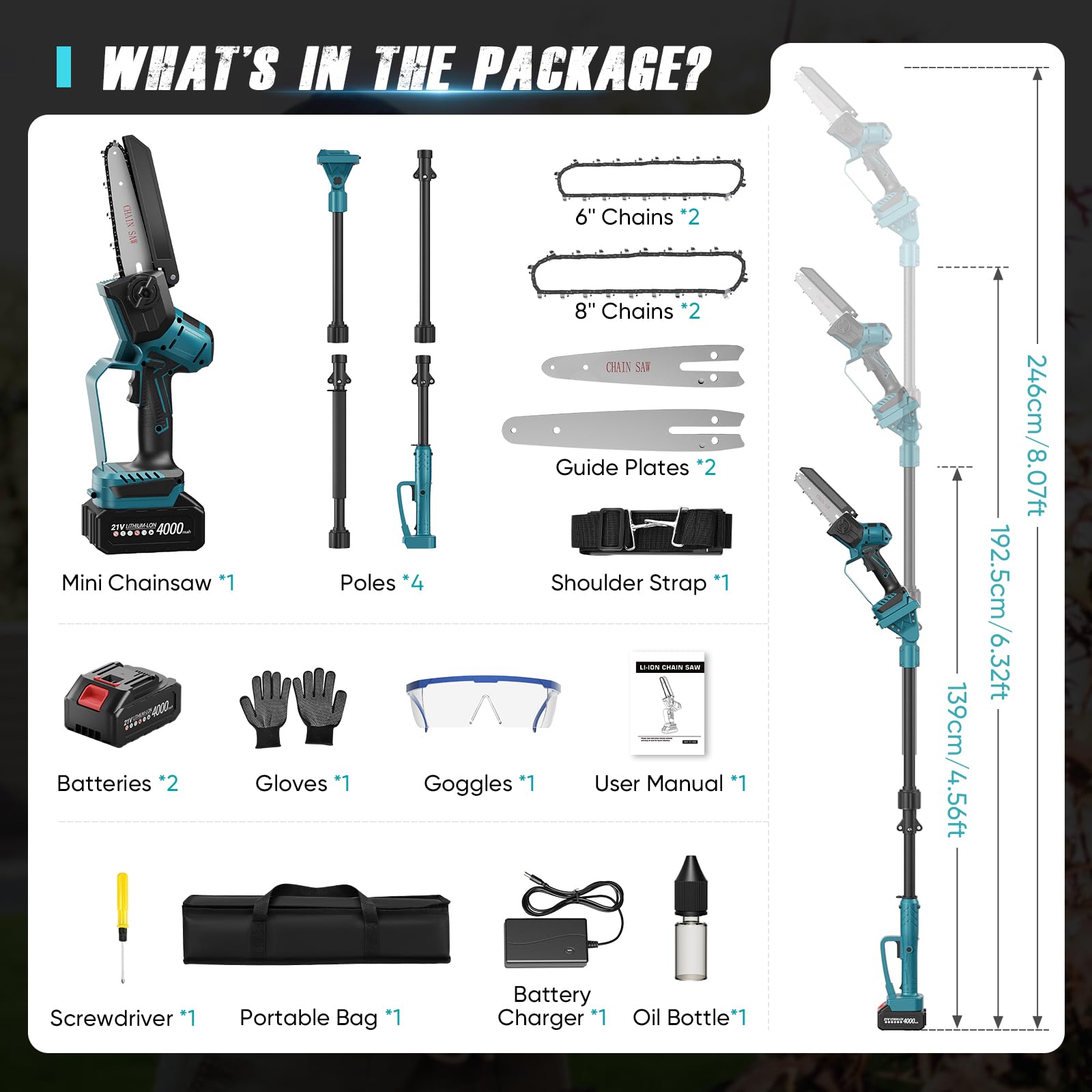 2 in 1 Perche Élagueuse 6 et 8 Pouces, Mini Tronçonneuse avec 2 Batteries 4000 mAh, 4 Longueurs Peuvent être Epissées Extension jusqu'à 14.1FT Élagueuse pour le Jardin, le Branches et le Bois