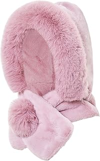 Faux Fur Hooded Scarf for Women Winter Warm Plush Hat Scarf Set Pom Collar Scarf Beanie Ski Cap Russian Cossack Hat