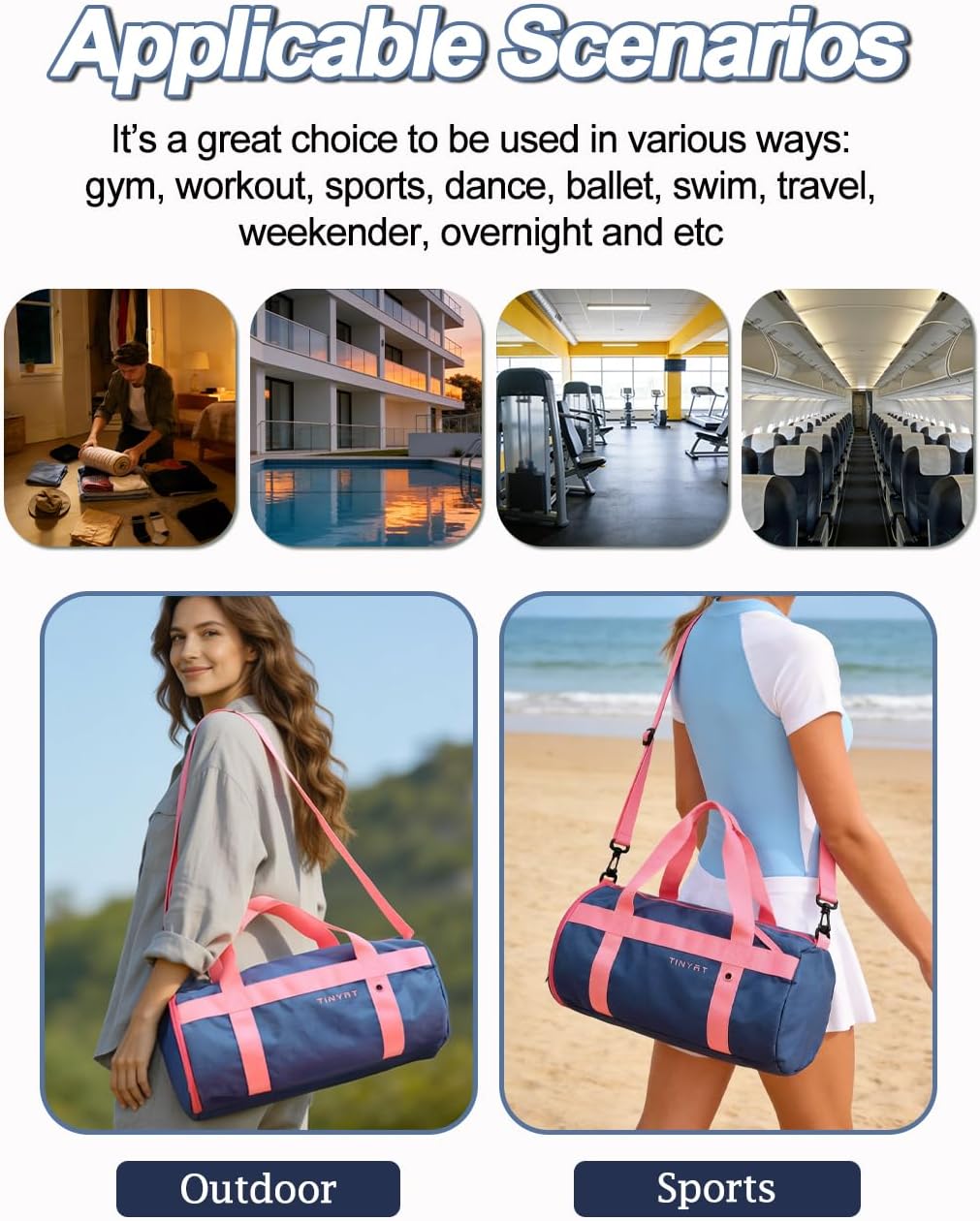TINYAT Gym Tote Duffle Bags for Women with Wet Pocket & Shoe Compartment | Travel Duffle Bag for Women and Men with Adjustable Straps Sport Travel Overnight Weekend Hospital Carry on Bags