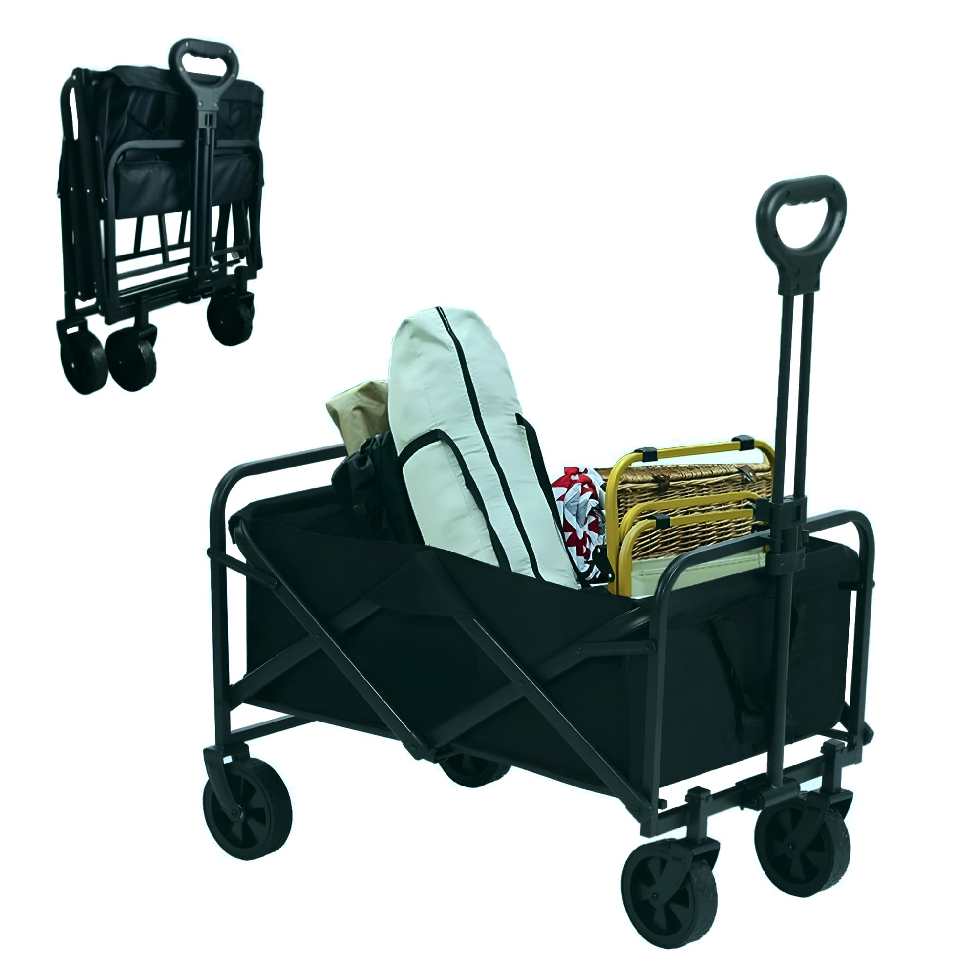 HEXAR® Collapsible Folding Outdoor Multi-Functional Utility Wagon, Beach Cart Large Capacity, Garden Cart with Adjustable Handle Folding Trolley Outdoor Camping with Storage Basket (COMPACT BLACK)