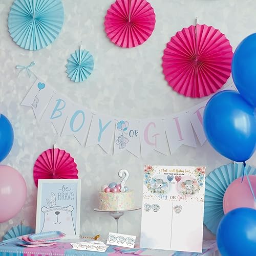 Miniatura 3 de Tablero de revelación de género para bebés con soporte, 60 calcomanías de elefante para niños y niñas para invitados a fiestas, él o ella, juego de