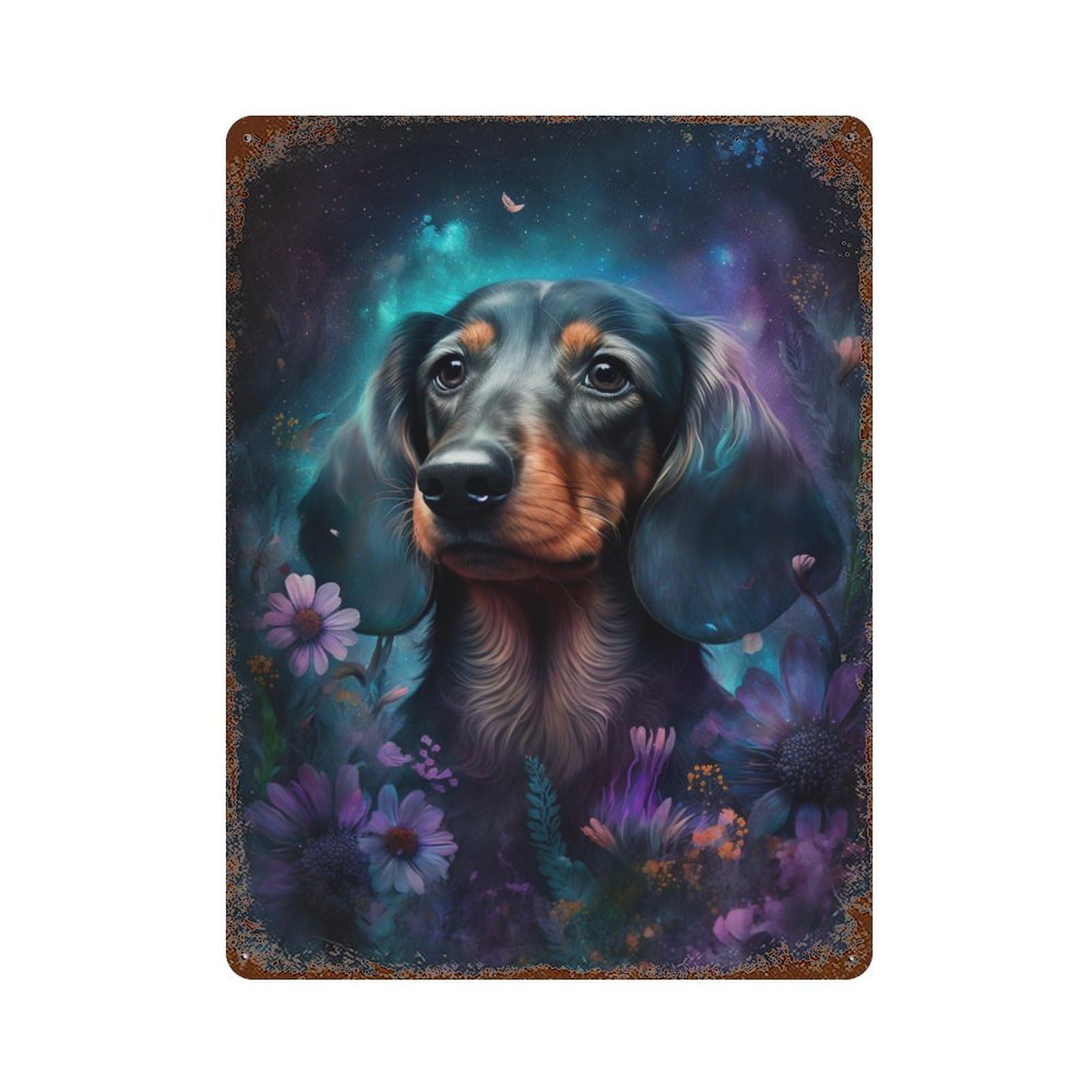 Magical Dachshund Garden 15.7"x11.8" Rust Effect Tin Sign, Vintage Wall Decor for Farmhouse, Kitchen And Entryway Decor