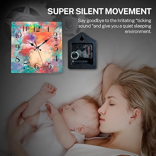 Miniatura 2 de ArtSocket Reloj de pared de madera, silencioso, sin tictac, rojo, azul, morado, verde azulado, mixto, representación, abstracto, cuadrado, rústico,