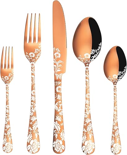 Vilihkc Juego de cubiertos de 20 piezas con diseño de flores de peonía, juego de cubiertos de acero inoxidable para 4, juego de cubiertos de oro