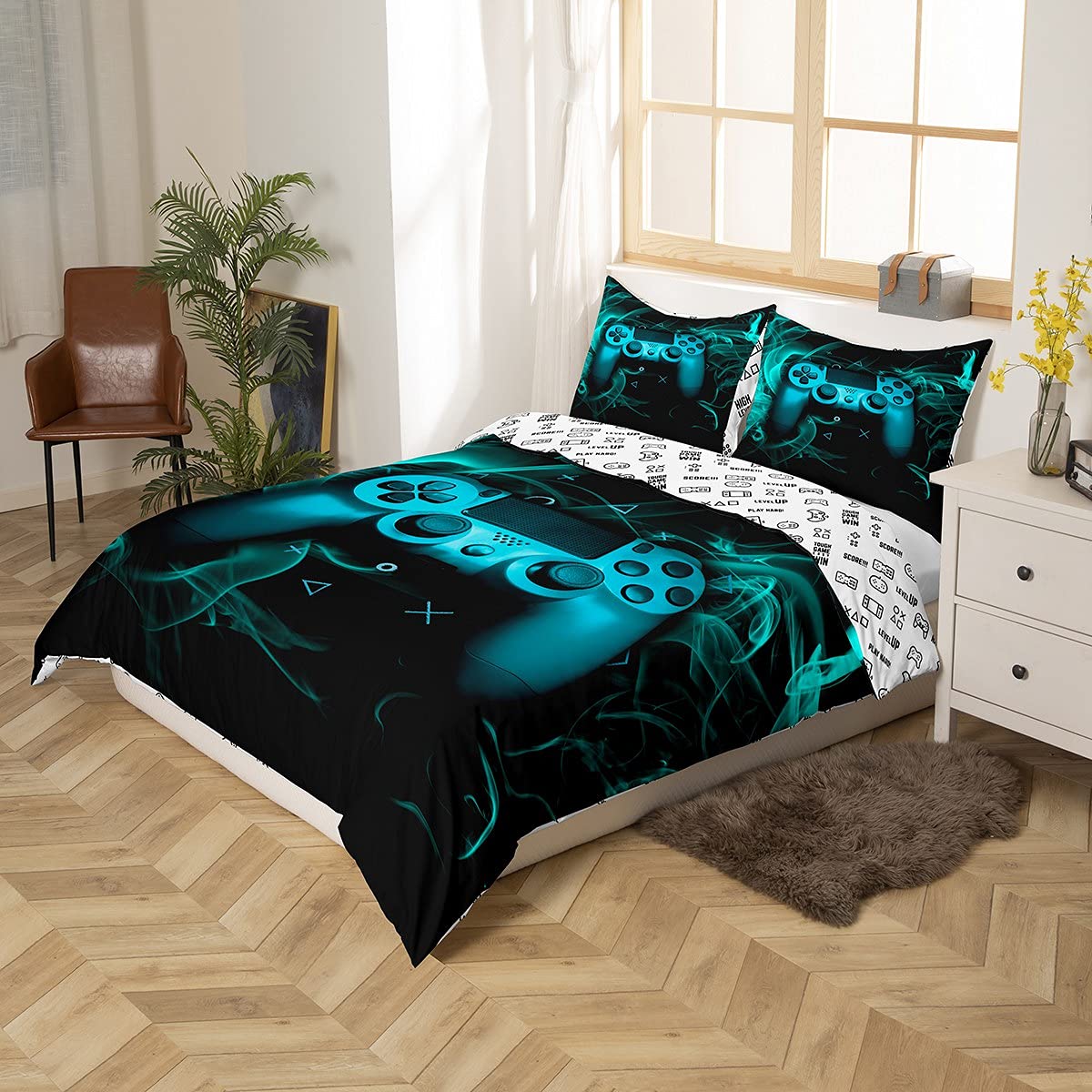 Juego de Ropa de Cama Individual Videojuegos,Juego de Videojuegos,Juego de Funda de edredón niños,triángulo geométrico,Juego de Sola,Juego de Cama,Color Turquesa