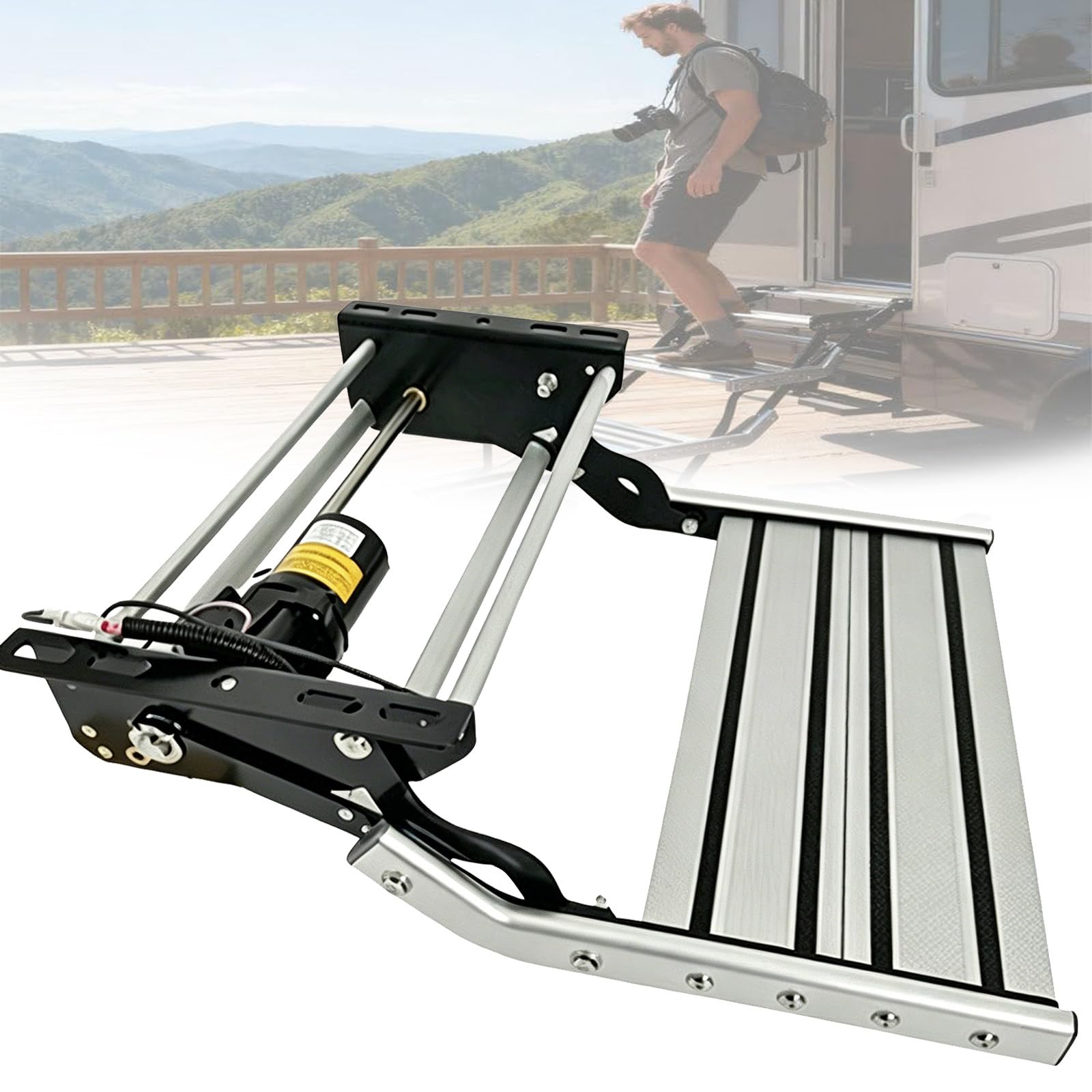 BITYCOW Aluminum Alloy RV Step Assembly, Electric Retractable Foldable Stairs with Light and Non-Slip Pedal, 440 lbs Capacity for Trailer Camper Singlelayerpedal