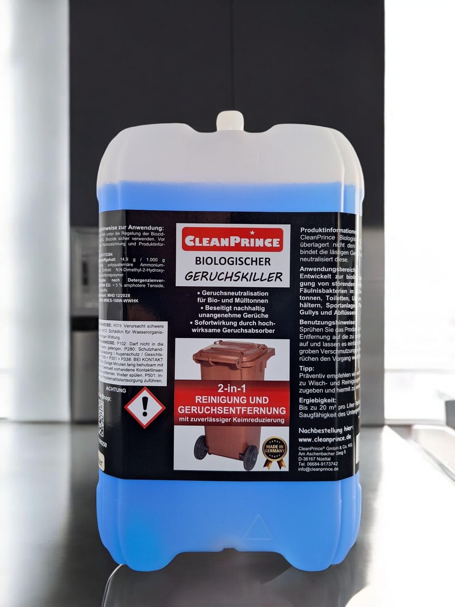 Cleanprince 5 Litros Biológica Asesino Neutralizador de Olores Limpiador Bio Contenedor Cubo Basura Eliminador Bio-Residuos Papelera Geruchsneutralisation Gérmenes Reducen Germen Toilets Orinales