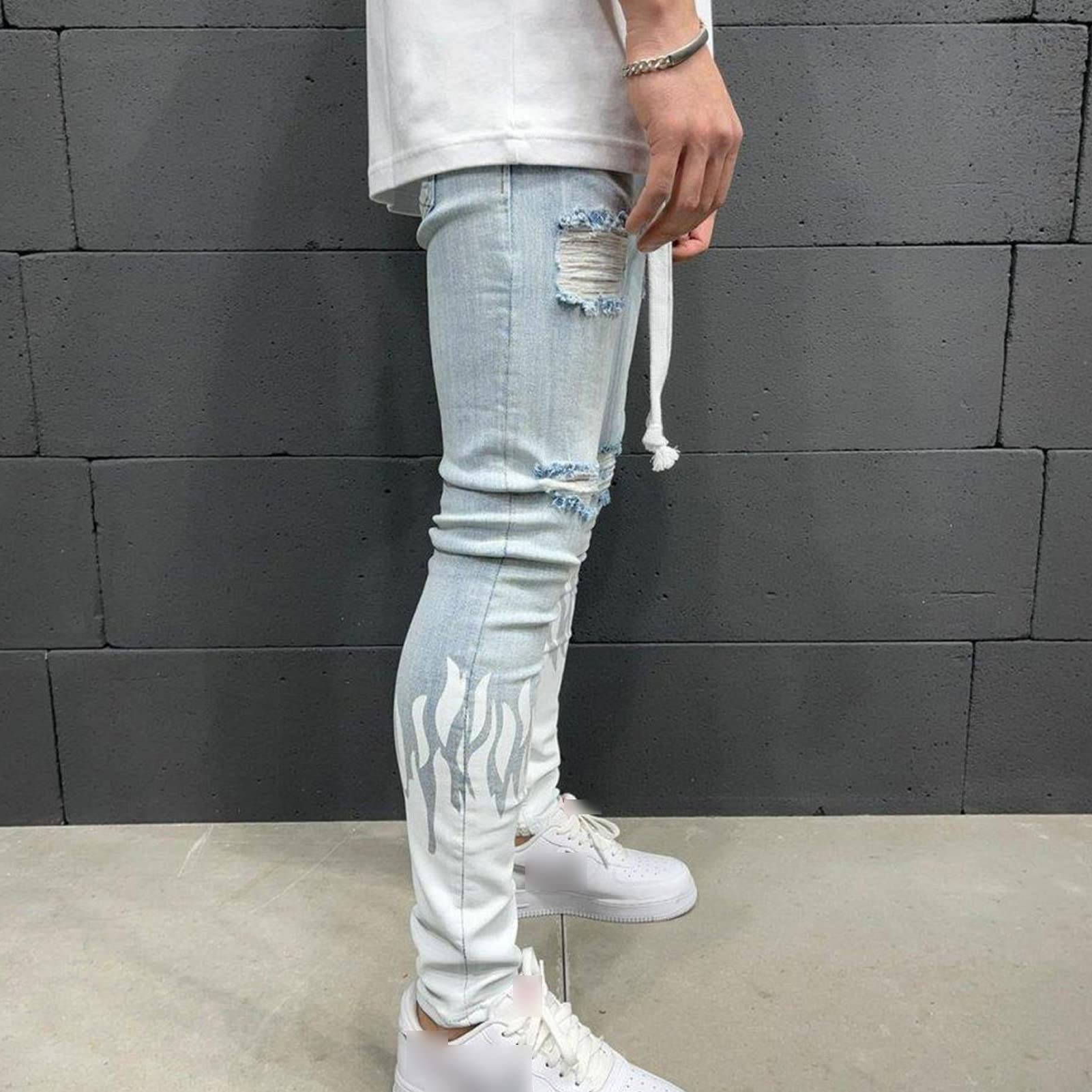 Maiyifu-GJ Men's Ripped Multi Pockets Jeans Slim Fit Skinny Stretch Jean Pant Washed Distressed Biker Denim Pencil Pants (White,Small)