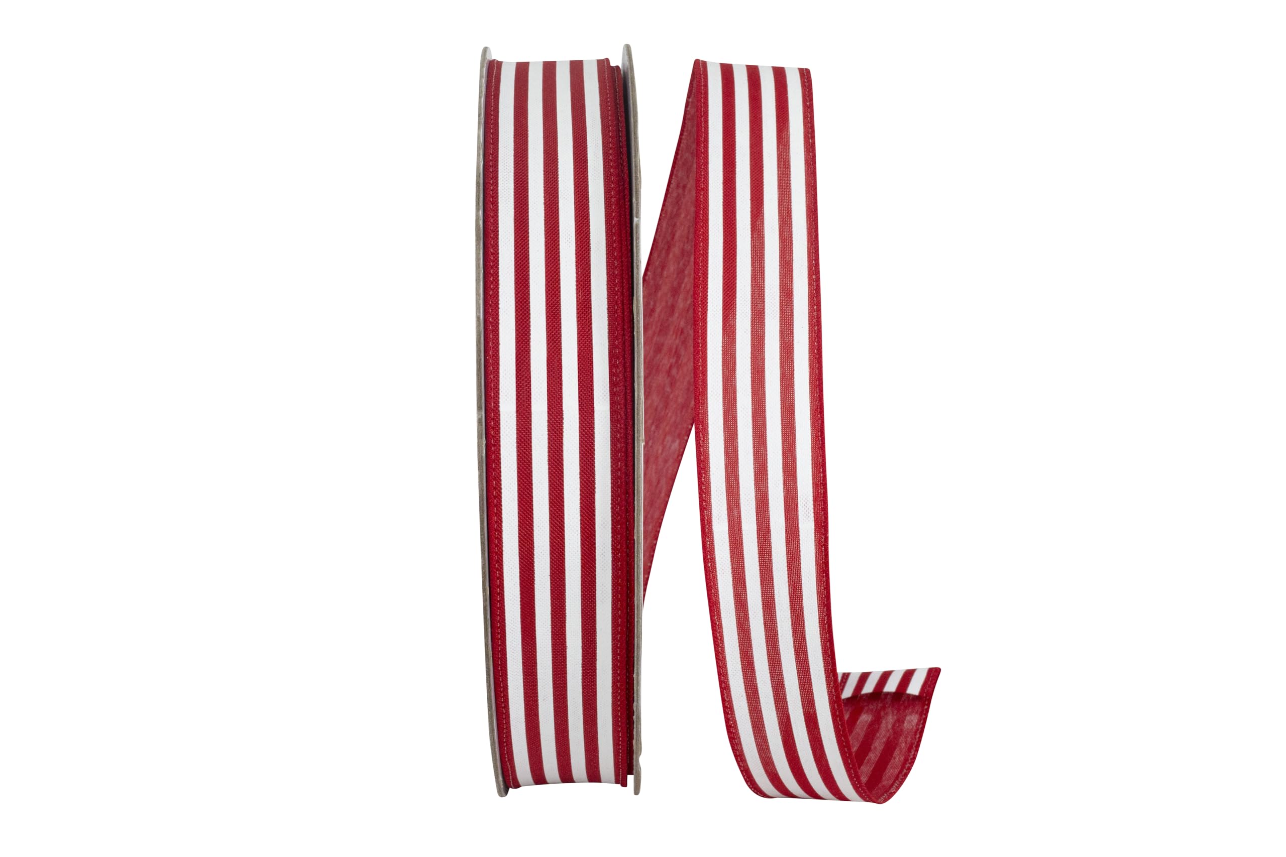 Reliant Ribbon Striped Linen Value Wired Edge Ribbon, Red/White