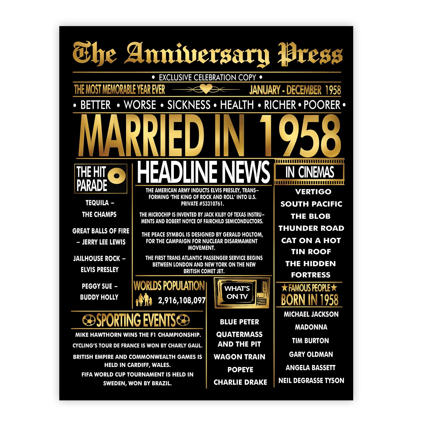 Stuff4 Men's 1958 Gold 68Th Anniversary Poster Unframed - Golden Married In Newspaper - 68 Wedding Anniversary For Wo Vintage Gifts Back In 8X10 Inch Anniversaries Posters