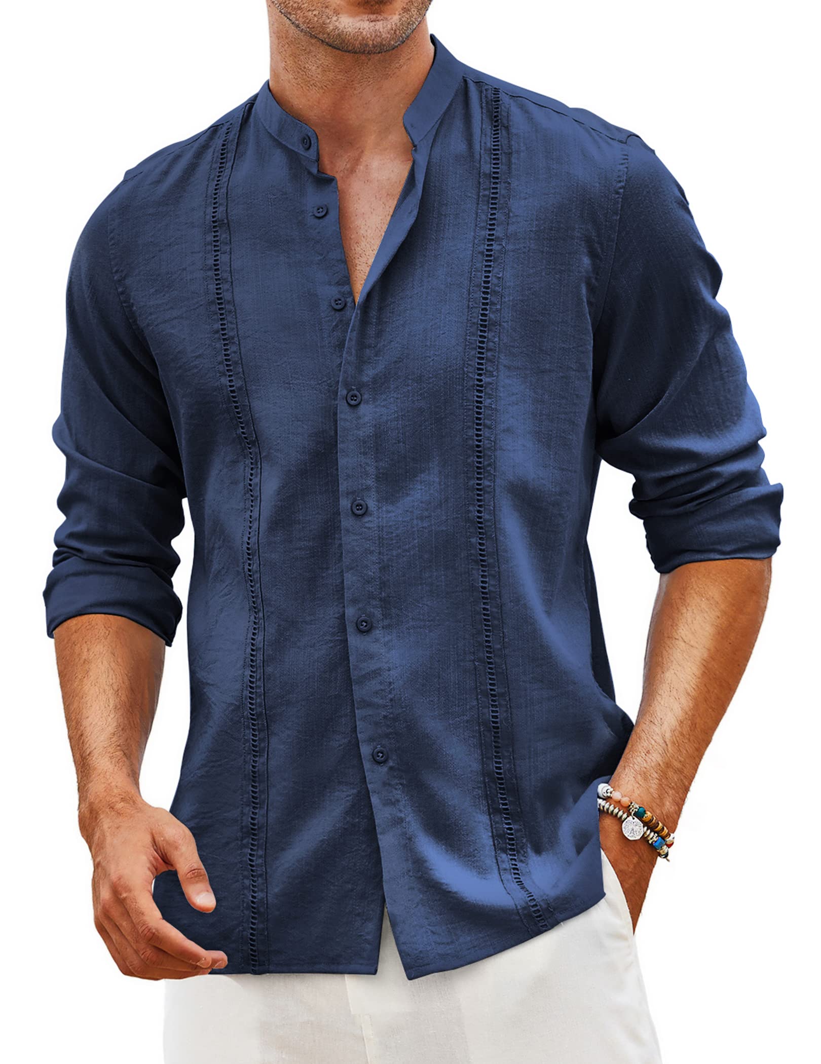 Men's Shirts Casual Long Sleeve Button Down Shirts Band Collar Linen Summer Beach Shirts