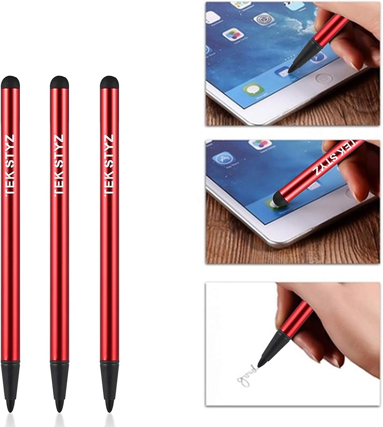Close-up of a hand using the pointed tip of a red stylus to write on paper
