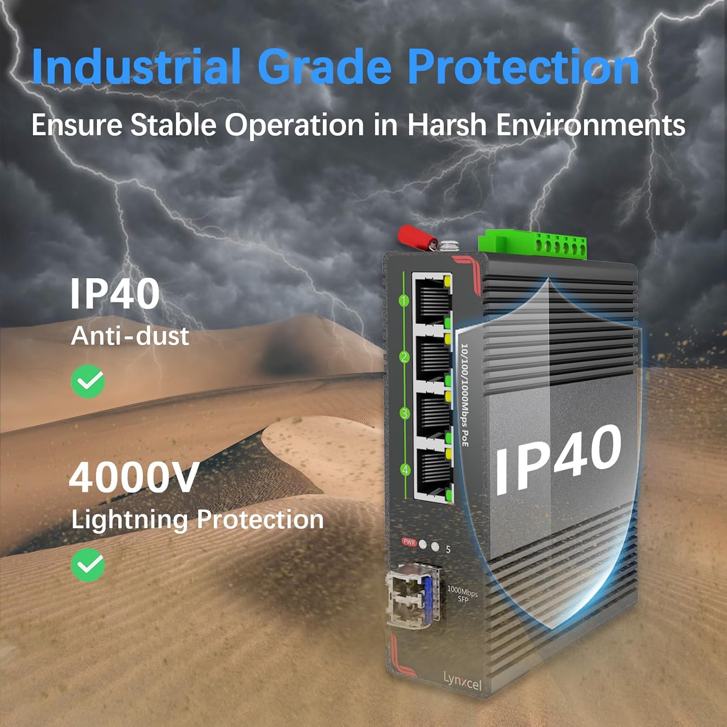 5-Port Industrial PoE Gigabit Din Rail Ethernet Switch, 4 x Gigabit PoE+ Ports, 65W PoE 48V Output, 1 x SFP Gigabit Slot with One Gigabit SFP LC Module, IP40 Unmanaged, with Power Supply