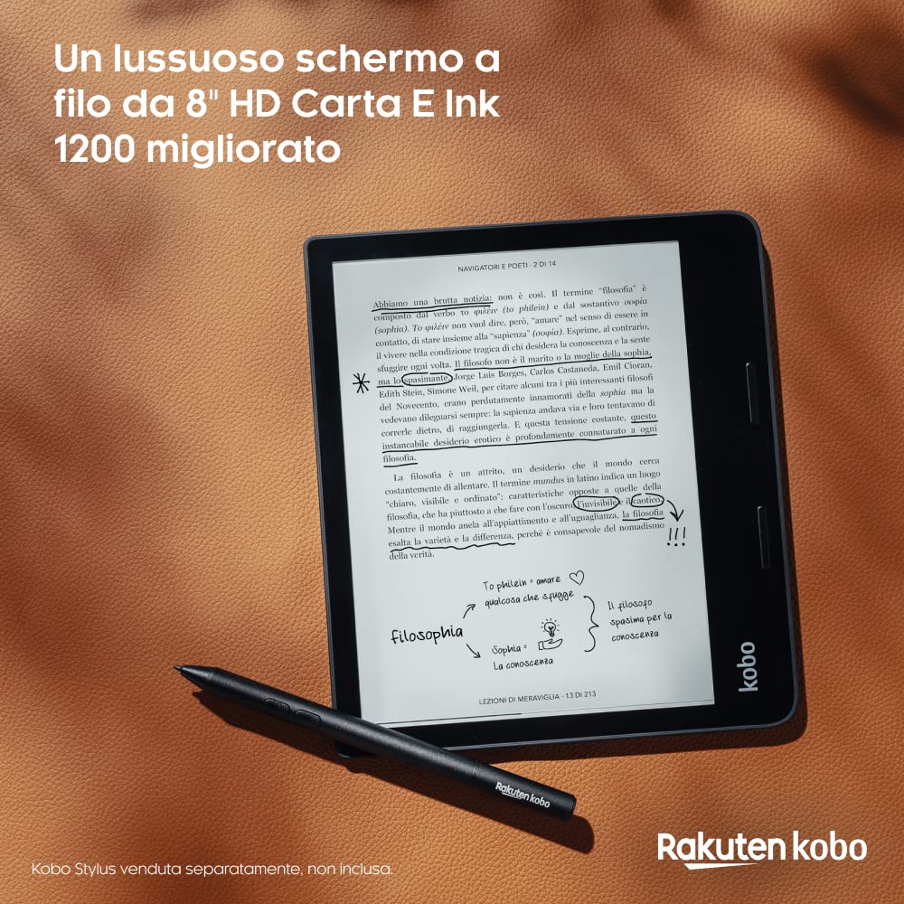 Kobo Sage | eReader | Touchscreen antiriflesso 8" HD | Impermeabile | Luminosità e temperatura colore regolabili | Riduzione luce blu | Bluetooth | WiFi | 32 GB | Tecnologia Carta E Ink