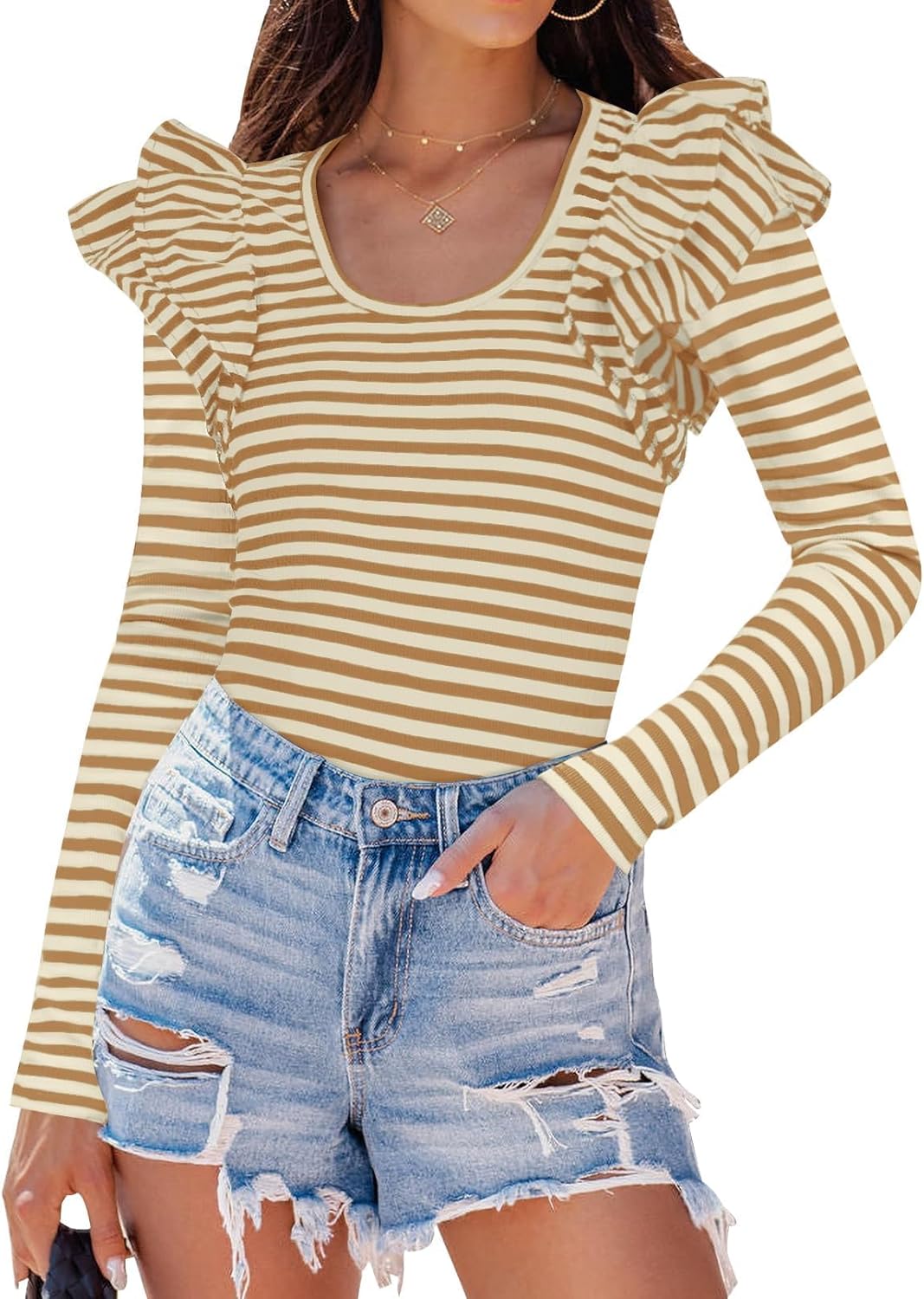 ZESICA Womens Ruffle Long Sleeve Scoop Neck Shirt Striped Slim Fitted Casual Basic Tee Tops Trendy Spring Clothes