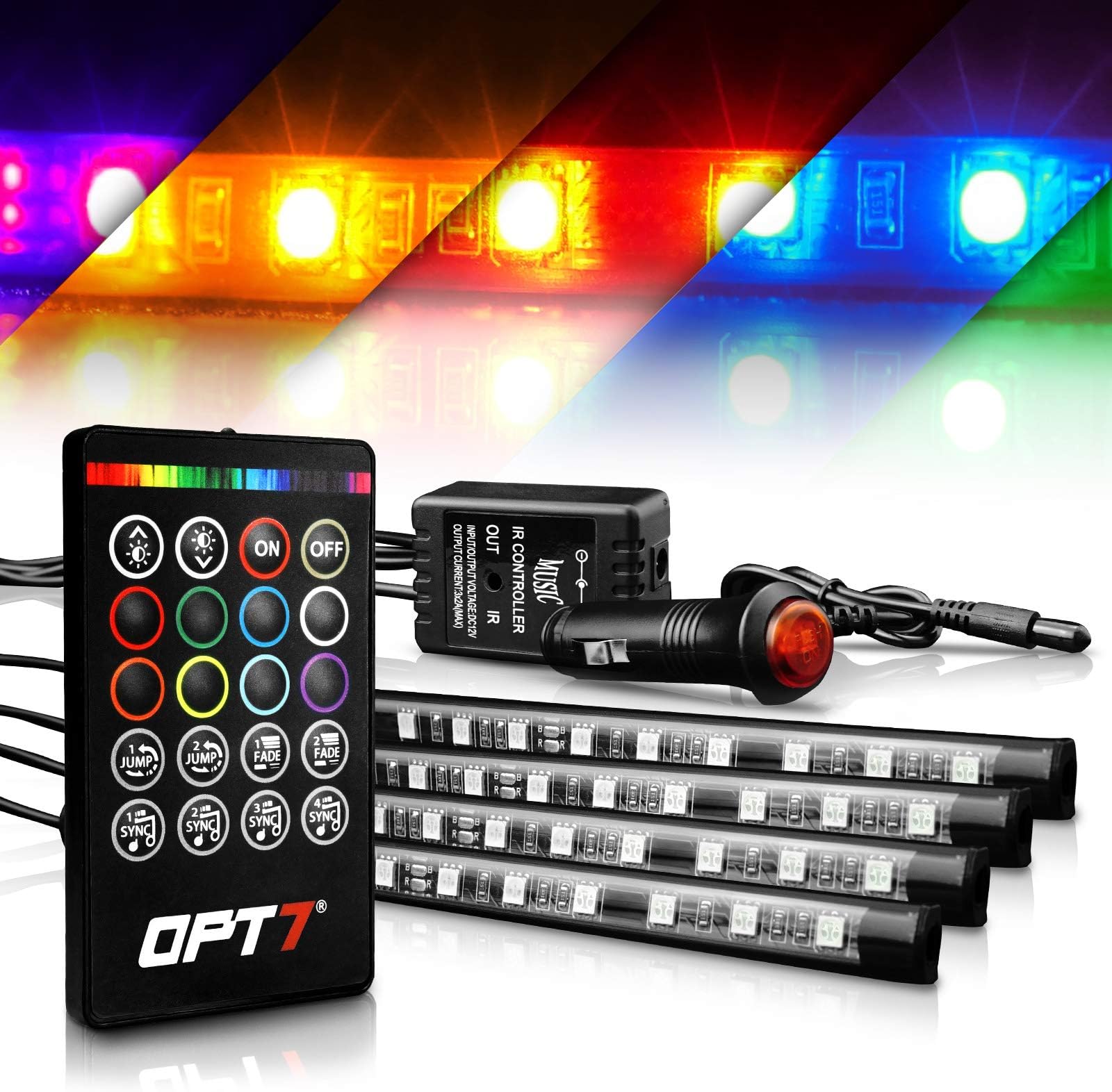 OPT7Interior Car Lights LED Strip Kit, Aura Choice, 48 LEDs Multi-Color Atmosphere Lights for car, Soundsync, Show Patterns, and Remote-Accent Footwell Floor Interior Ambient Lights, 4pc Single Row