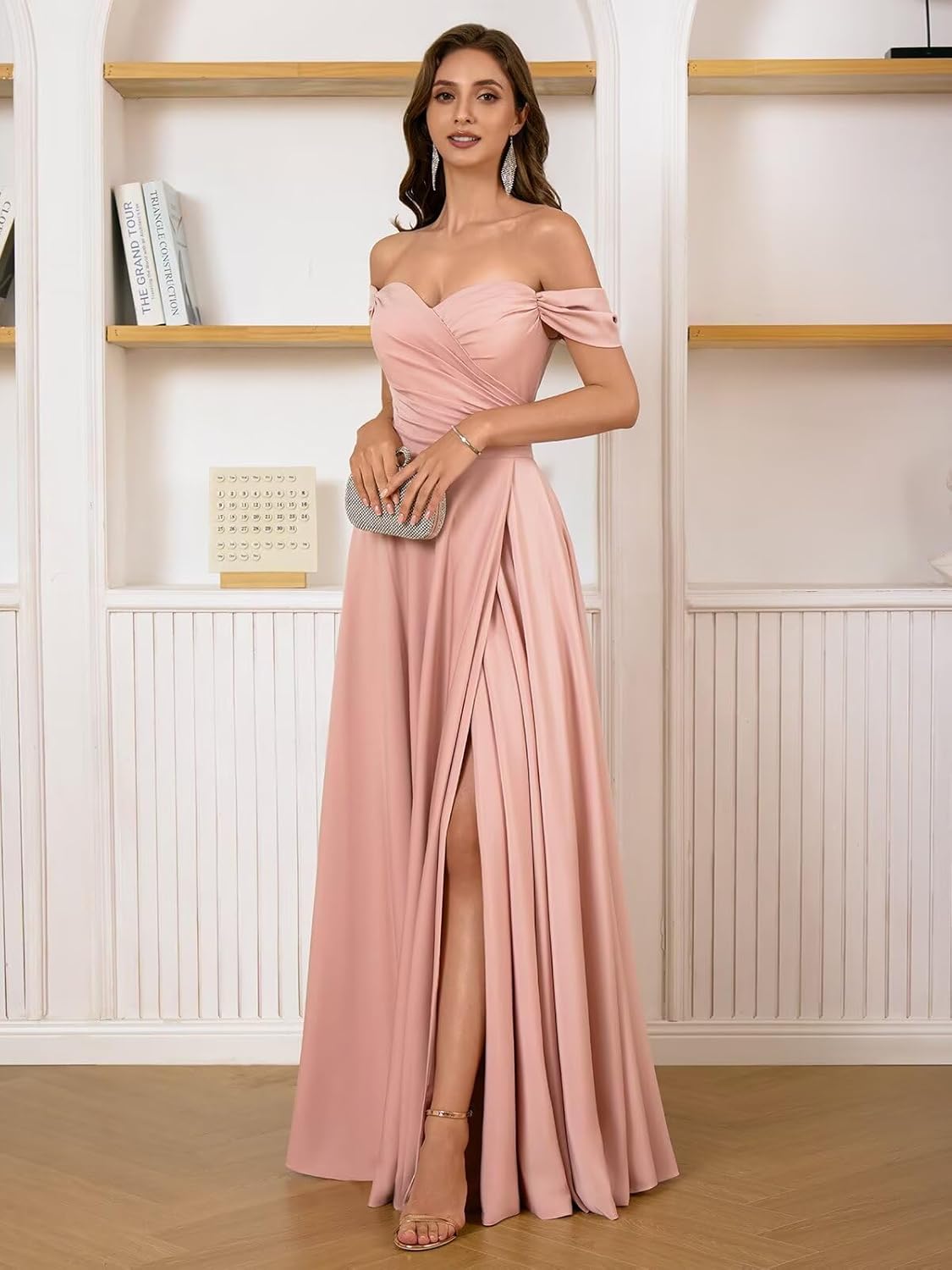 Satin Bridesmaid Dresses Long for Women Off The Shoulder Prom Dresses with Slit A Line Pleated Formal Party Gowns - Image 2