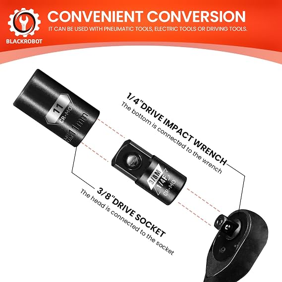 BLACKROBOT 4 Piece 1/4F To 3/8M Impact Socket Adapter Set,SAE Drive Cr-Mo Steel Exceeds ANSI Standards,Square Drive Reducer for Impact Driver Wrench