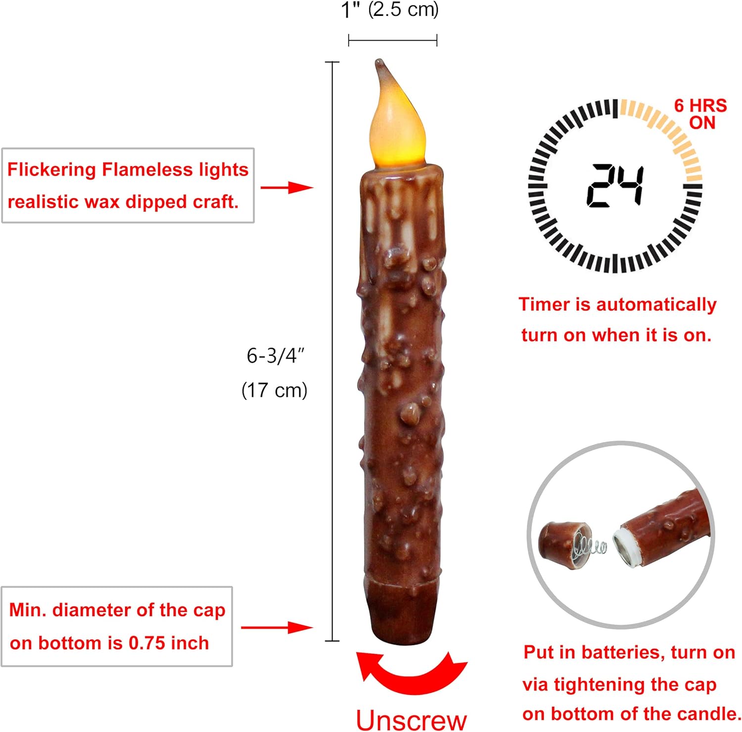 CVHOMEDECO. Real Wax Hand Dipped Battery Operated LED Timer Taper Candles Rustic Primitive Flameless Lights Décor, 6-3/4 Inch, Coffee, 6 PCS in a Package