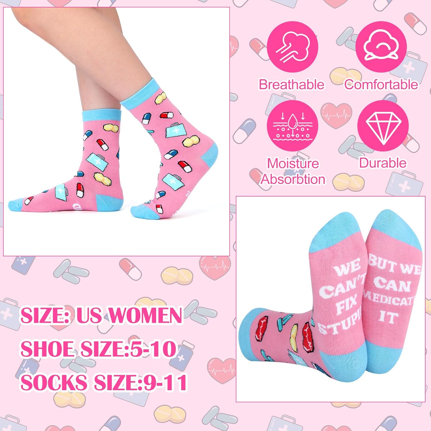 Mimorou 6 Pcs Pharmacist Gifts Set for Women Canvas Tote Bag Cosmetic Bag 16oz Glass Cup Pink Glitter Badge Reel Novelty Socks Unique Appreciation Gift for Pharmacists Pharmacy Technicianou - Image 4