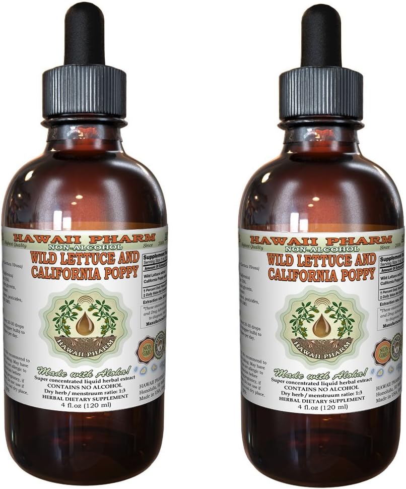 Wild Lettuce & California Poppy Glycerite, Organic Wild Lettuce (Lactuca Virosa) and California Poppy (Eschscholzia Californica) Alcohol-Free Liquid Extract, Hawaii Pharm Trusted Brand, 2x4 oz