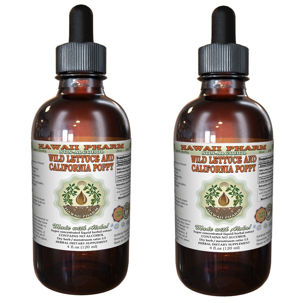 Wild Lettuce & California Poppy Glycerite, Organic Wild Lettuce (Lactuca Virosa) and California Poppy (Eschscholzia Californica) Alcohol-Free Liquid Extract, Hawaii Pharm Trusted Brand, 2x4 oz