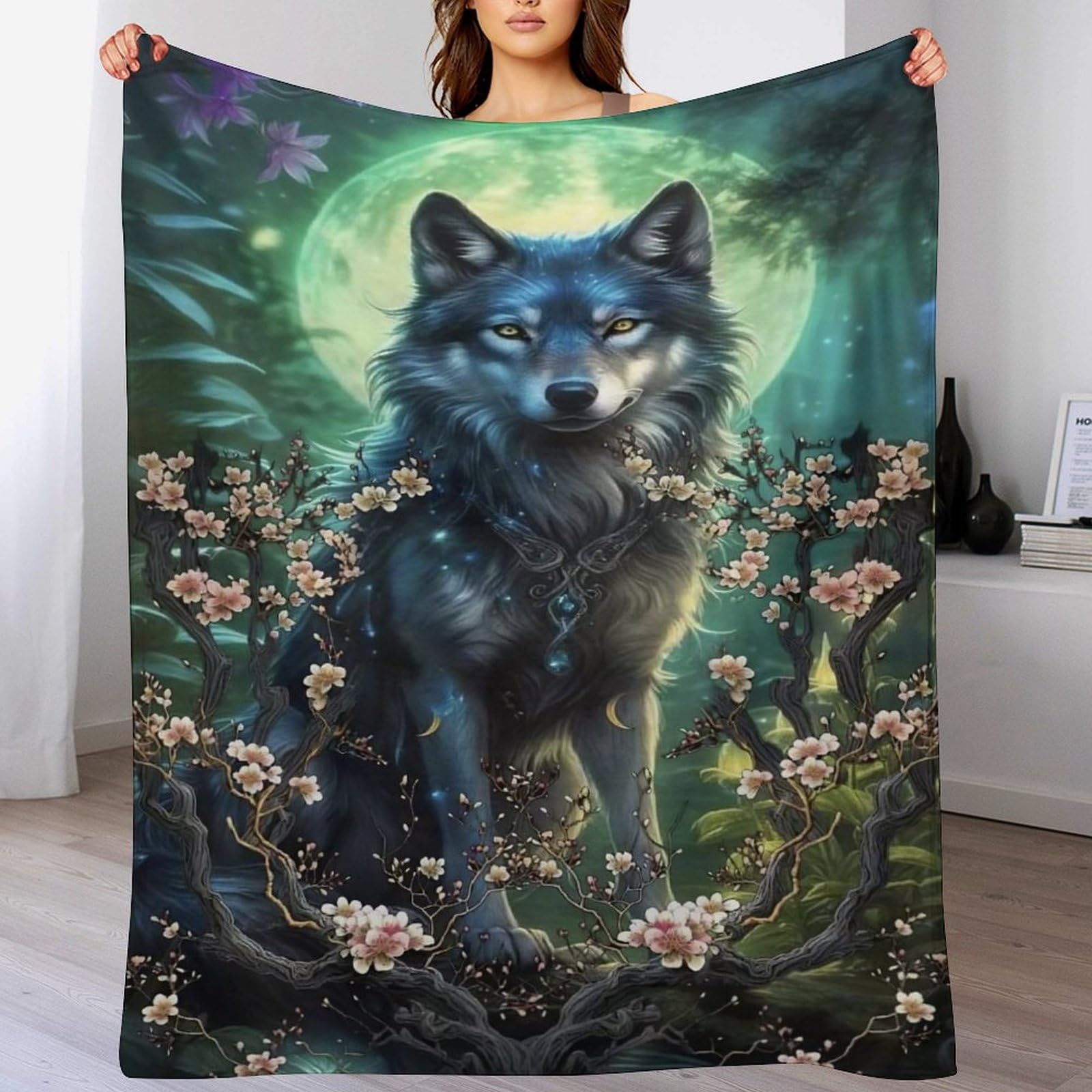Plaid loup couverture polaire en flannel douce pour lit et canape 130x180cm