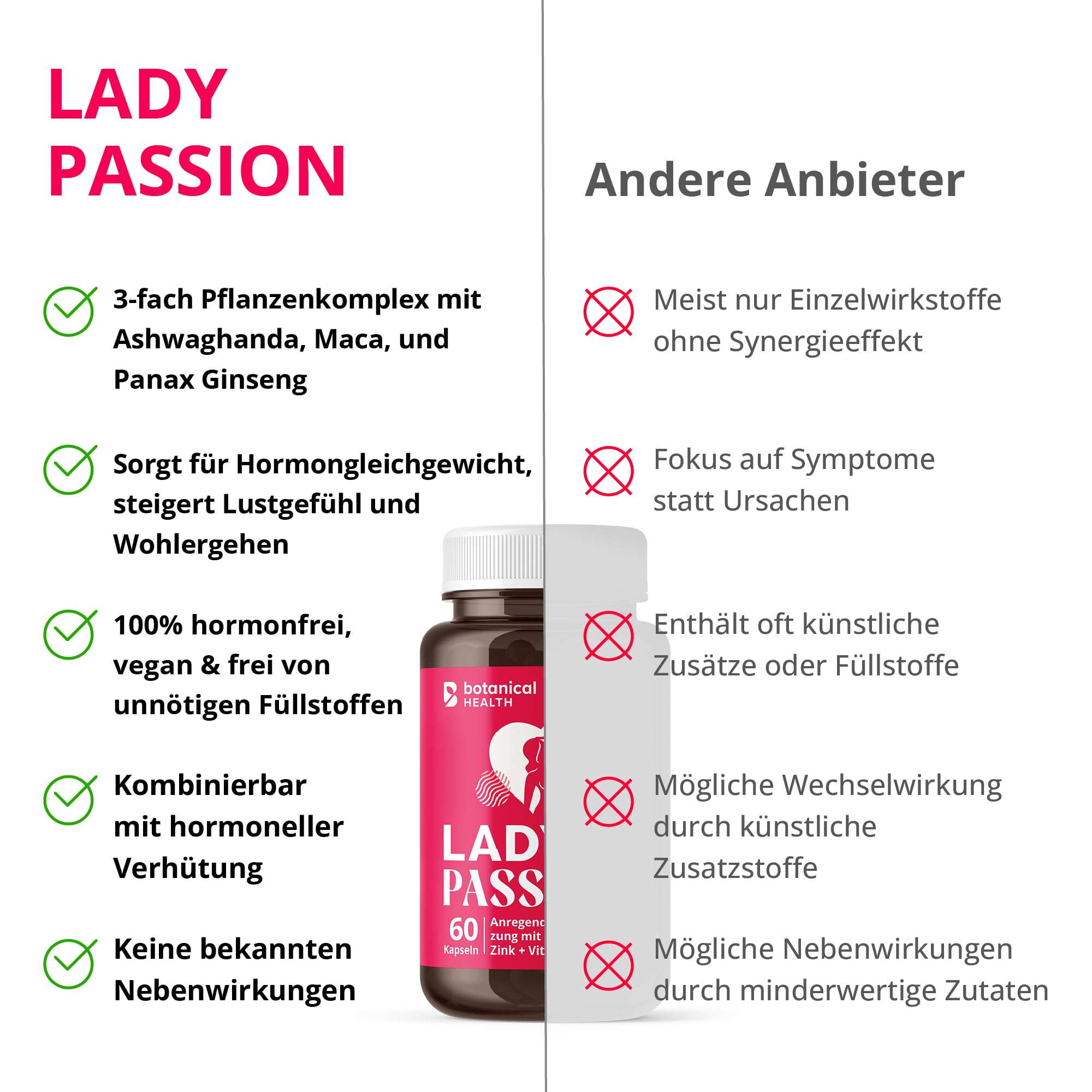 Lady Passion - Das Original für Frauen - 60 hormonfreie Kapseln mit Ashwagandha, Maca, Ginseng - Vegan & Made in Germany