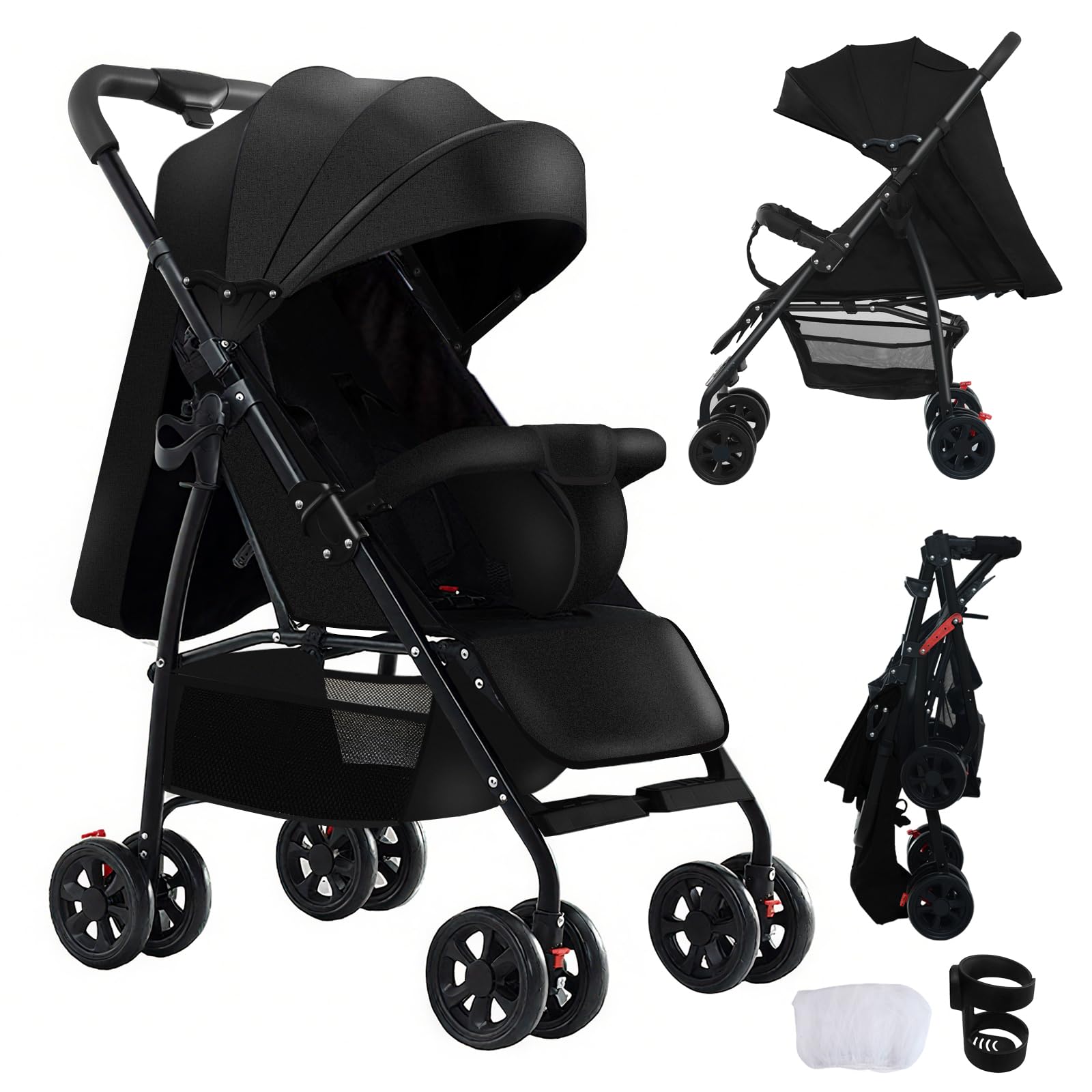 Magic ZC Ultraleichter Kinderwagen mit nur 4,6 kg, Buggy mit Verstellbarer Liegeposition, Kompakter, Tragbarer, Reisebuggy für Babys bis 15 kg, Zusammenklappbarer Kinderbuggy mit Zubehör (A8 Black)