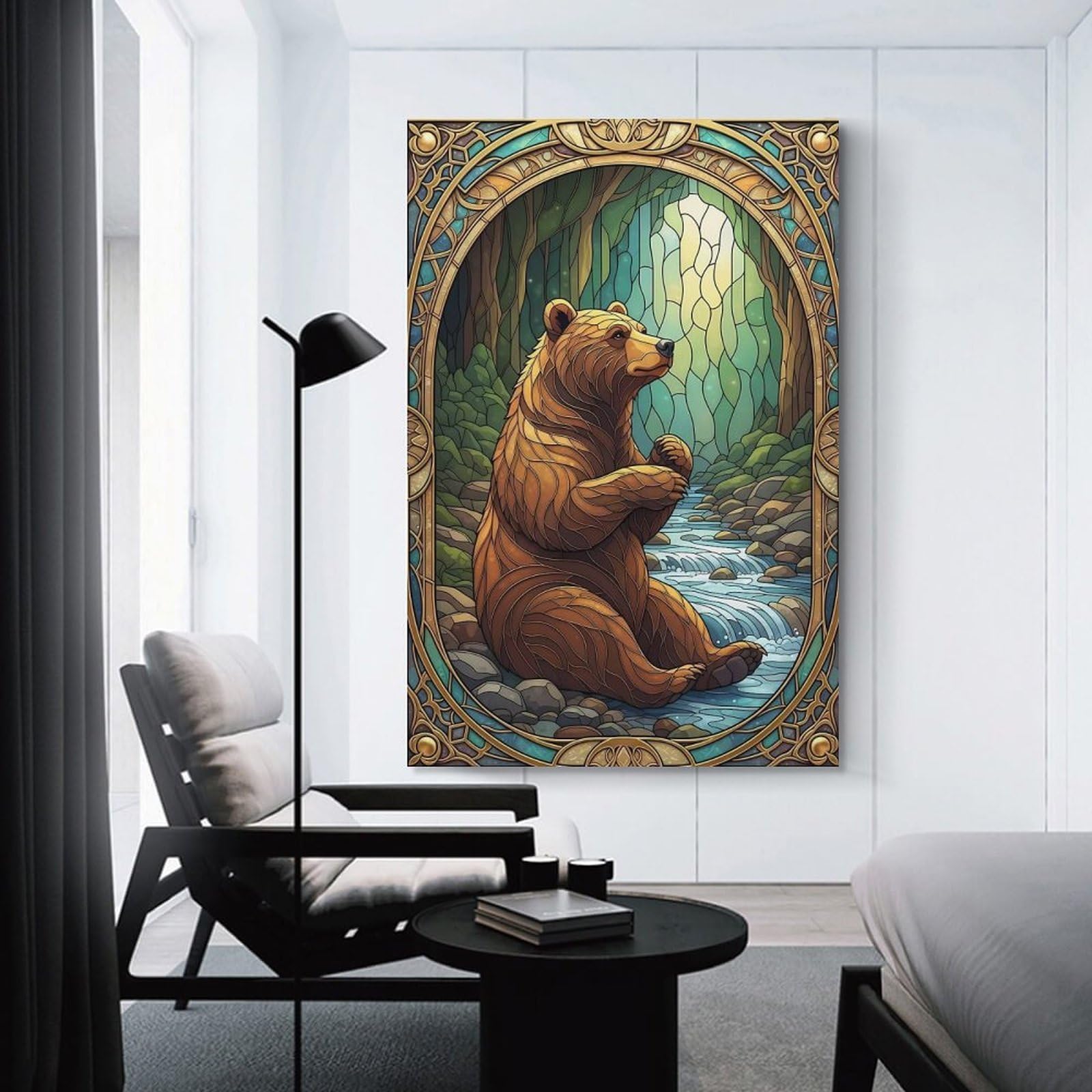 Junmoney Unframe-Style-22 Canvas Art Print Stained Glass Bear By River, 12X18inch(30X45cm), For Contemporary Homes, Apartments Or Offices, Decorative Canvas Decor For Home Updates