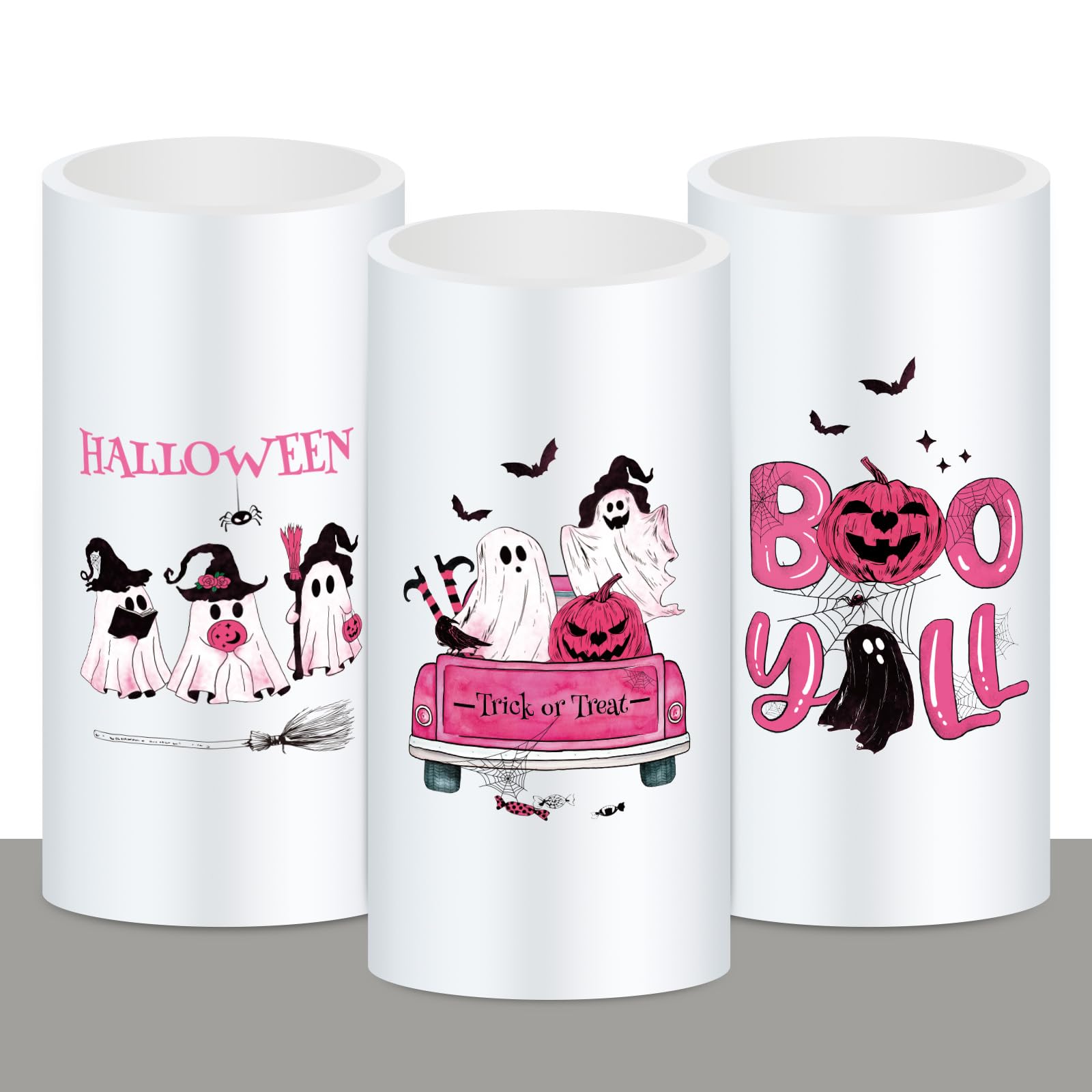Whaline Halloween LED Flameless Candles Pink Ghost Pumpkin Warm Light Battery Operated Pillar Candles Electric Flickering Candles for Halloween Party Home Decor, Set of 3