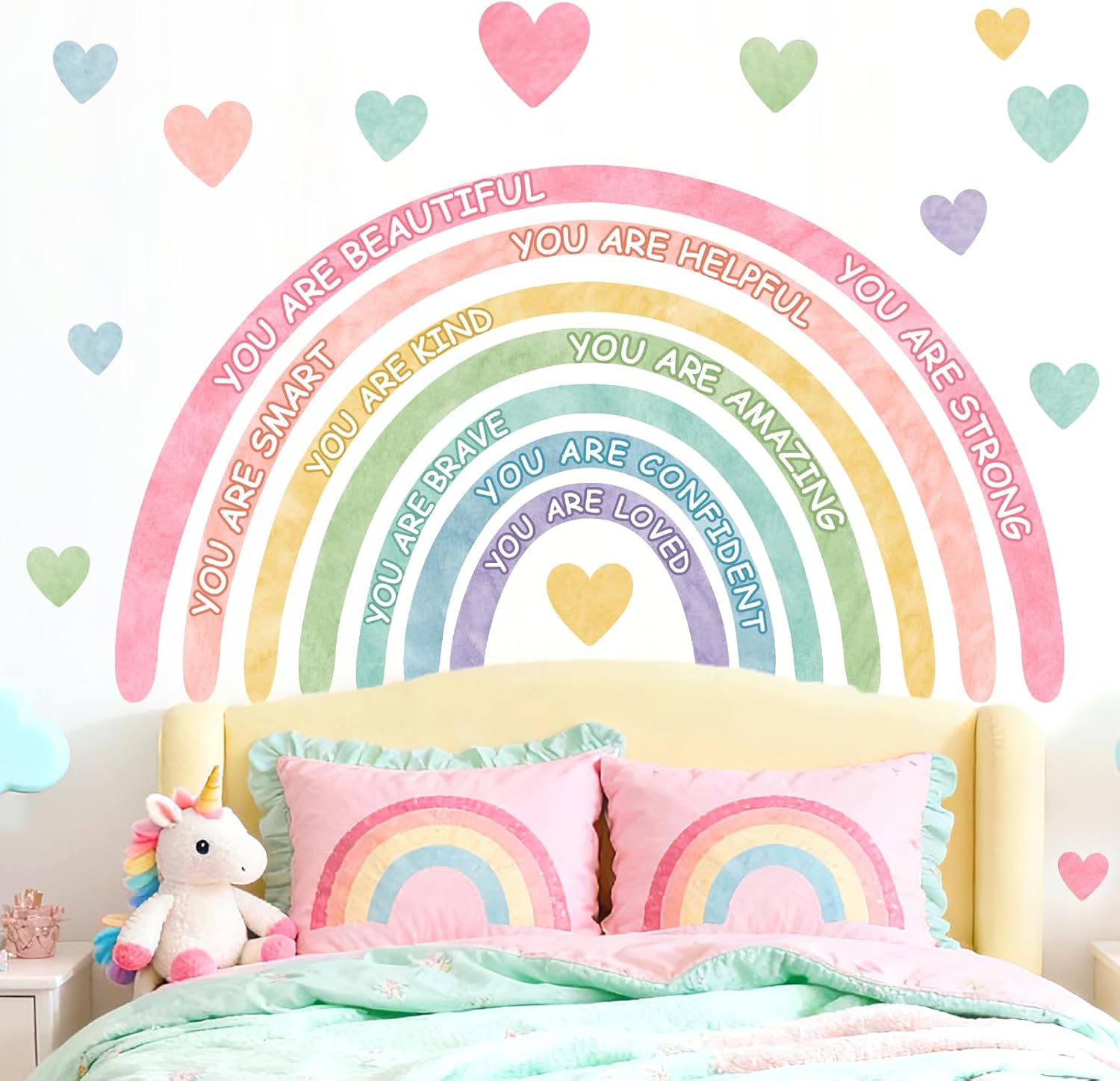 Large Rainbow Wall Stickers Kids Inspirational Wall Decal for Girl Bedroom Peel and Stick Watercolor Rainbow Wall Decals Pastel Pink You are Decor Vinyl Positive Art Murals for Baby Bedroom Playroom