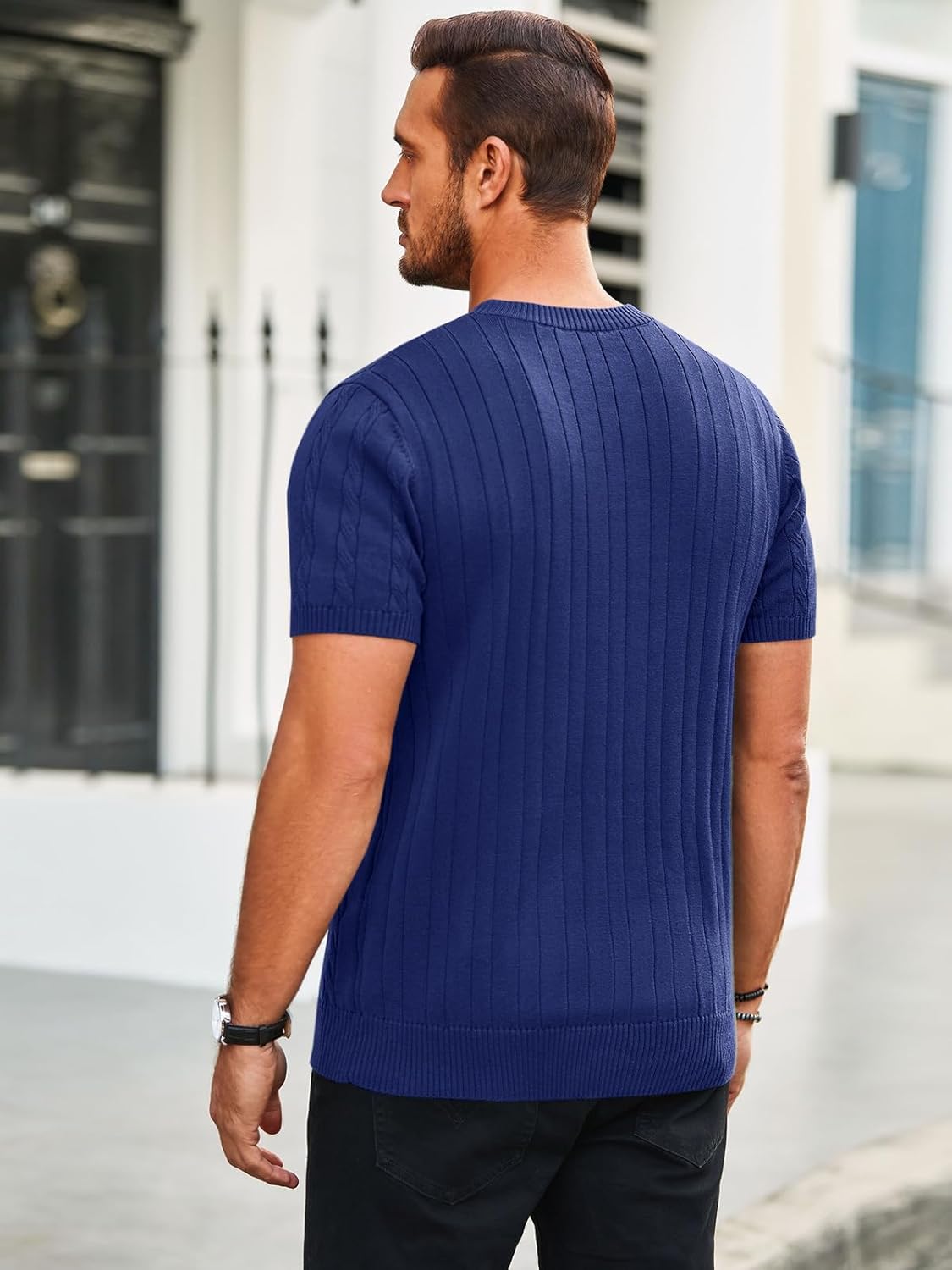 Runcati Mens Knit Short Sleeve T Shirts Casual Crewneck Slim Fit Shirt Cable Knitted Stretch Pullover Tees - Image 3